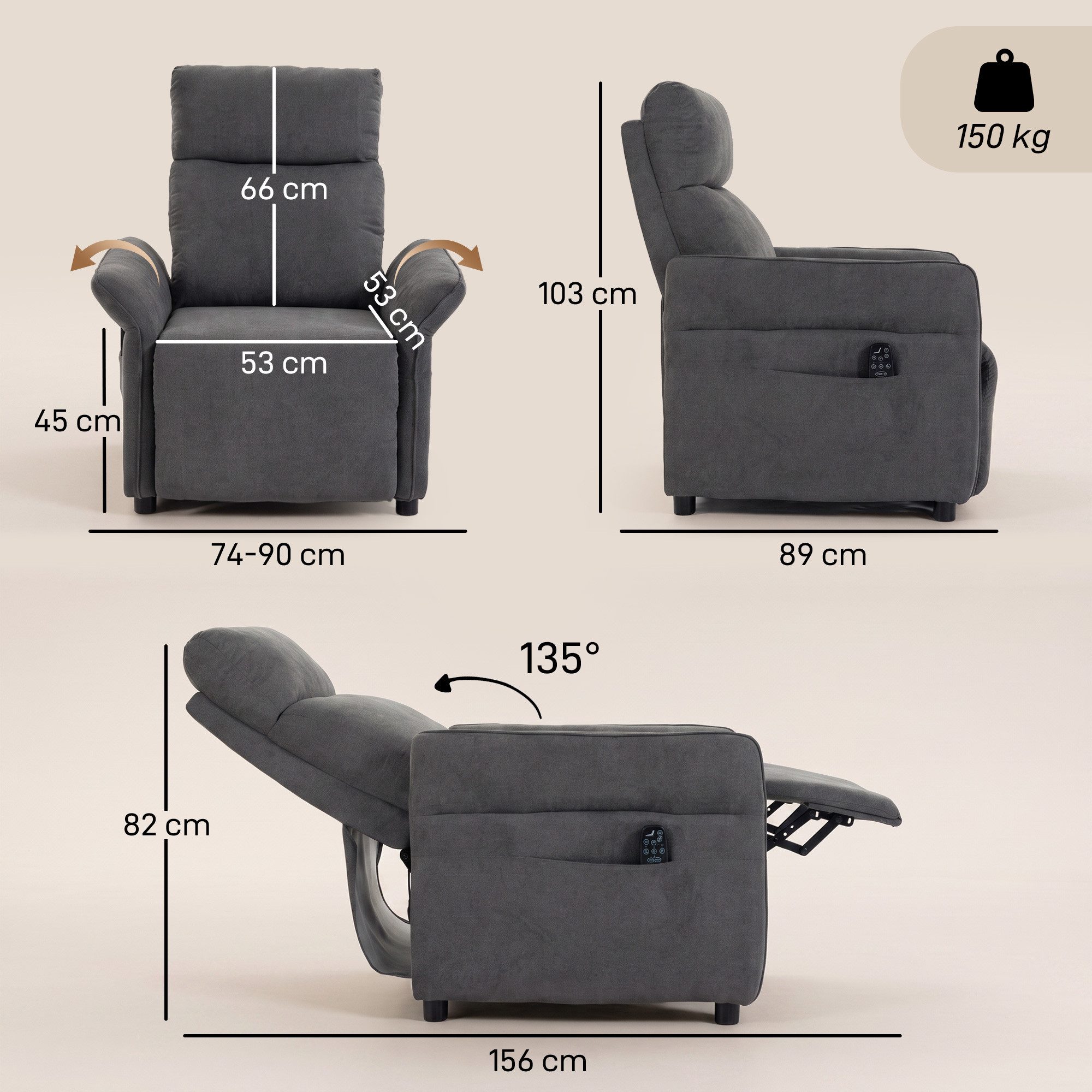 HOMCOM Massagesessel Relaxsessel Fernsehsessel mit Massage & Wärme (Set, 1-St., Relaxsessel), 8-Punkt-Massage, Lendenheizung, 135° – Bild 3 von 5