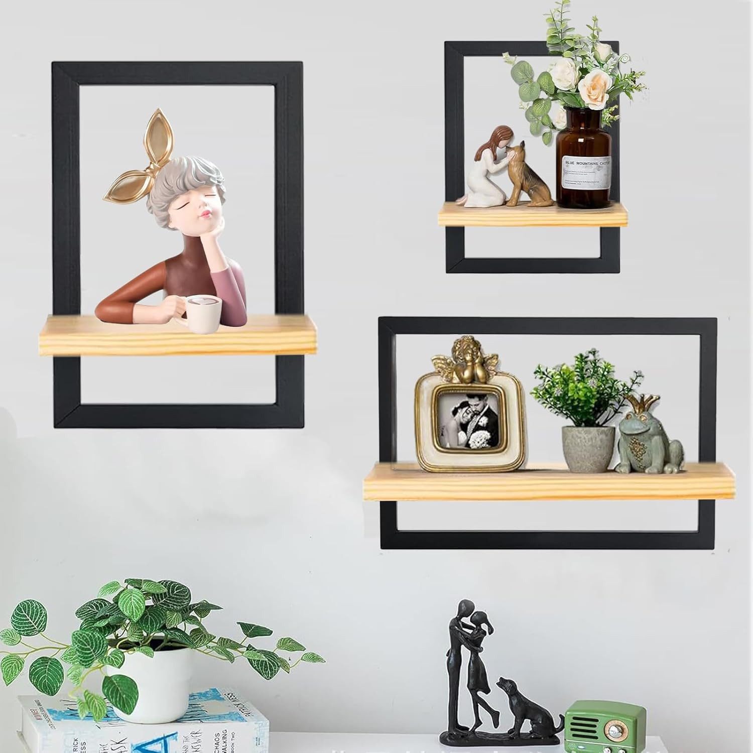 Holz Lichter Wandregal 3‑tlg. Floating Wandregal – Holz & Metall, modern geom. Design, 3-tlg., Schweberegal aus Holz+Metall – platzsparend, vielseitig, langlebig