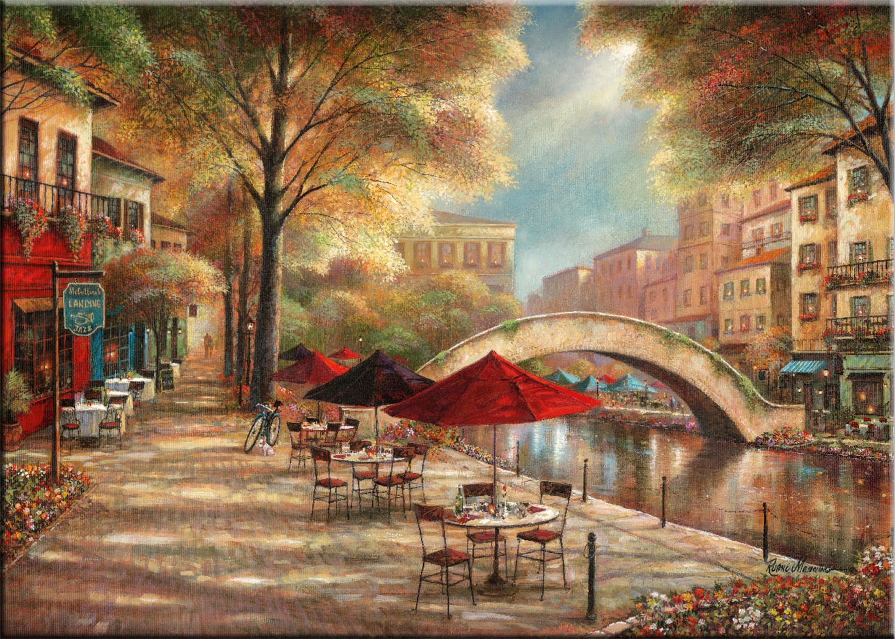 artissimo Leinwandbild artissimo Bild auf Leinwand 70x50cm Kunst-Edition Italien Cafe, Ruane Manning: Riverwalk Charm