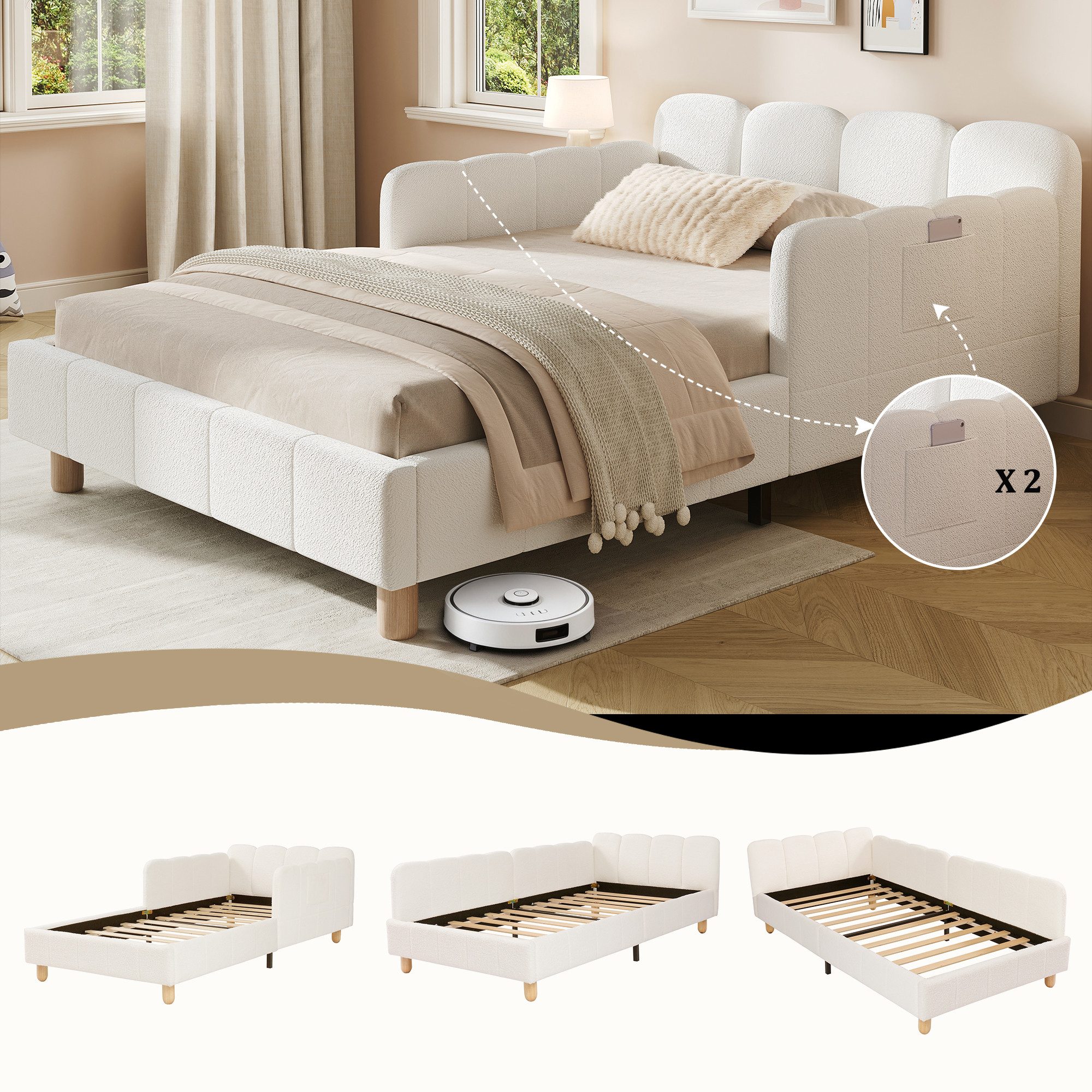 MODFU Polsterbett Inklusive Rausfallschutz für mehr Sicherheit (Packung, 1-tlg., aus Bouclé Stabile Massivholzbeine, geeignet für Kinder & Jugendliche), 90x200 cm mit variablen Armlehnen und Lattenrost(ohne Matratze)