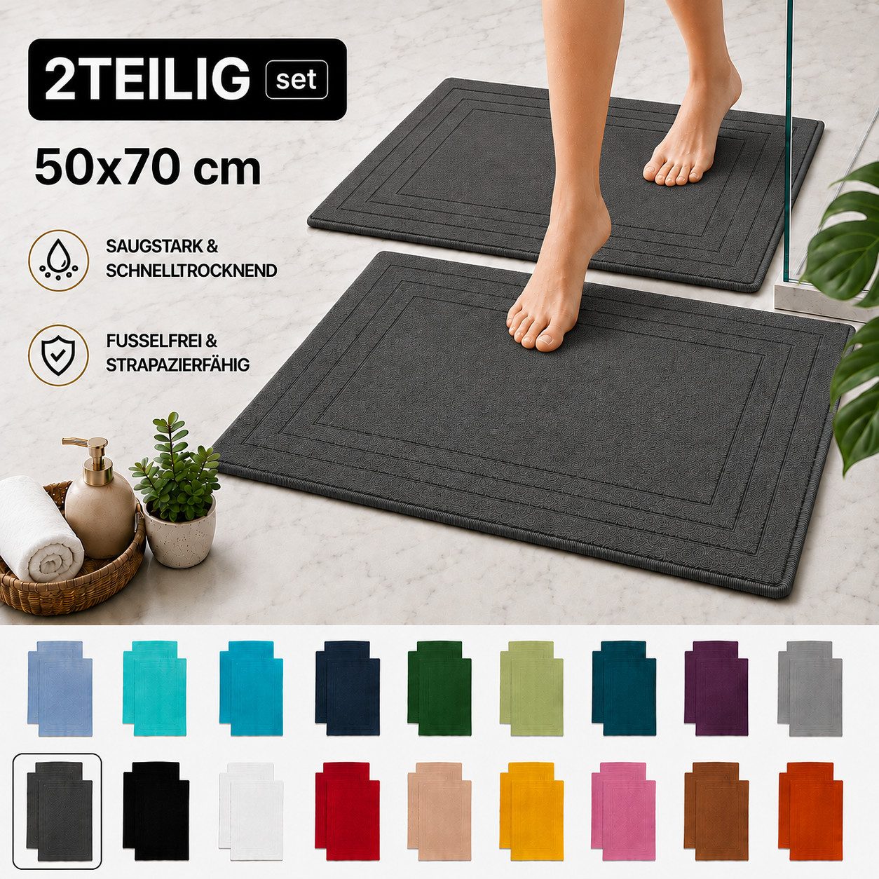 Komfortec Badematte 2er Badetuch Set aus 100% Baumwolle 50x70 cm Extra Weich & Saugstark, Rechteckig, 600 g/m² – Bild 5 von 5