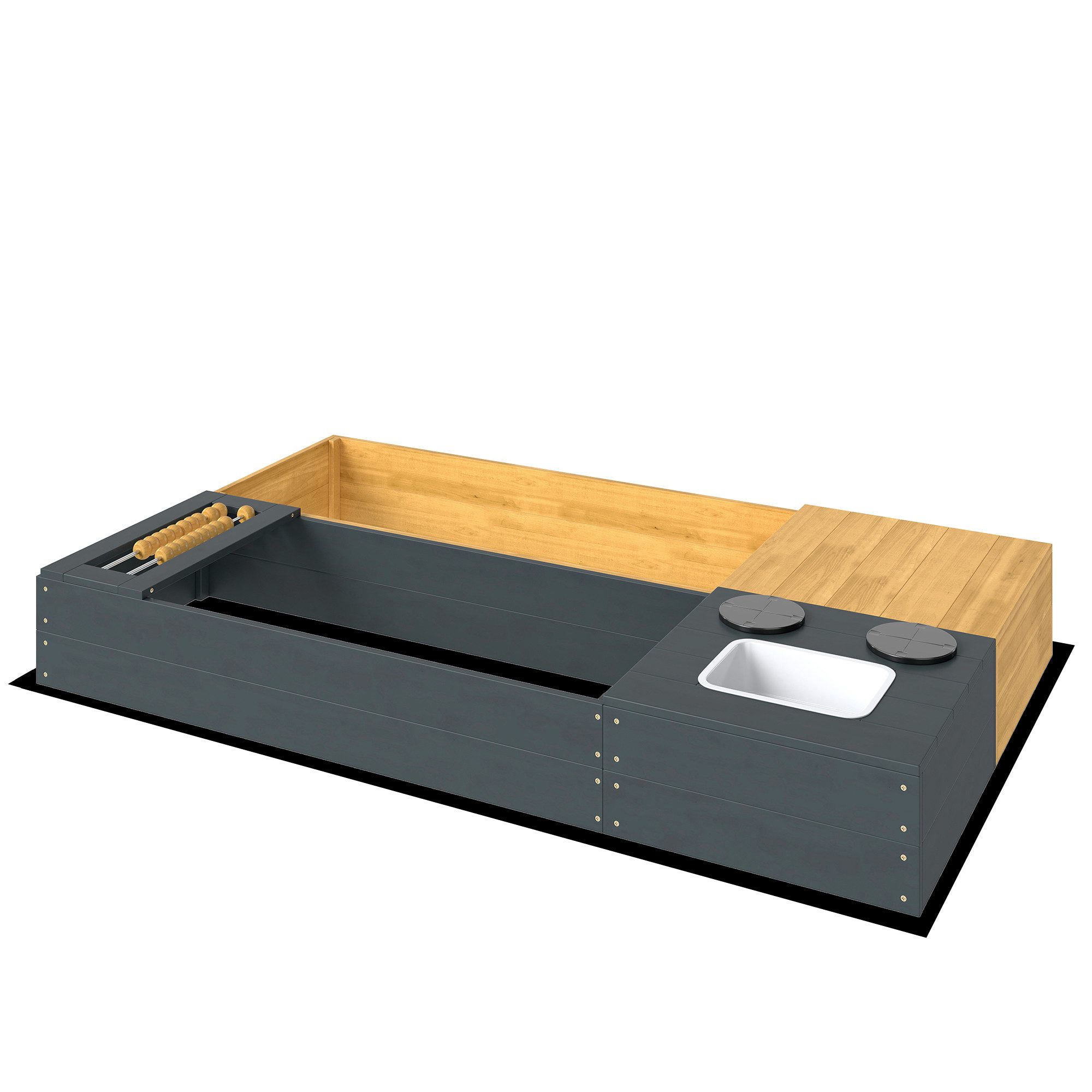 Novzep Sandkasten Sandkasten 2-teilig 150x90cm Holz Sandkiste mit Sitzbank Stauraum, Herd herausnehmbarem Waschbecken Abakusperlen
