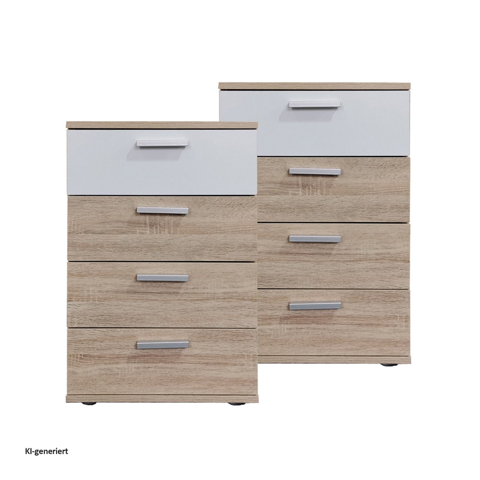 HTI-Living Nachtschrank Nachtkommode 4 Schubladen Nina Sonoma Weiß 2er-Set (Set, 2-St., 2 Nachtschränke) Nachtschrank Nachttisch