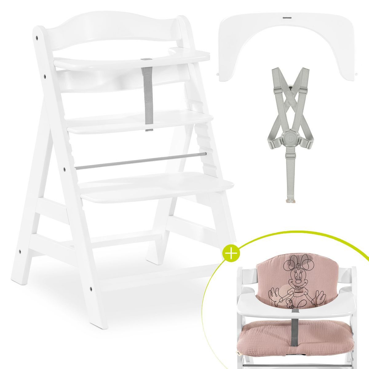 Hauck Hochstuhl Alpha Plus White - Minnie Mouse Rose, Mitwachsender Holz Kinderhochstuhl verstellbar mit Sitzauflage & Gurt