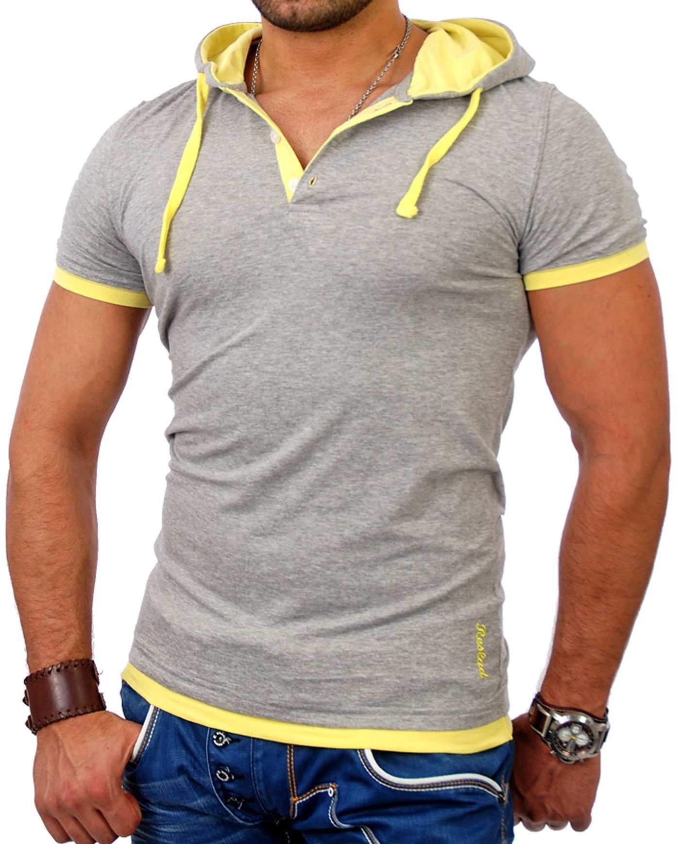 Reslad T-Shirt Reslad Herren Kapuzen T-Shirt San Diego RS-5033 (1-tlg) Kapuzenshirt Layer-Look grau-gelb