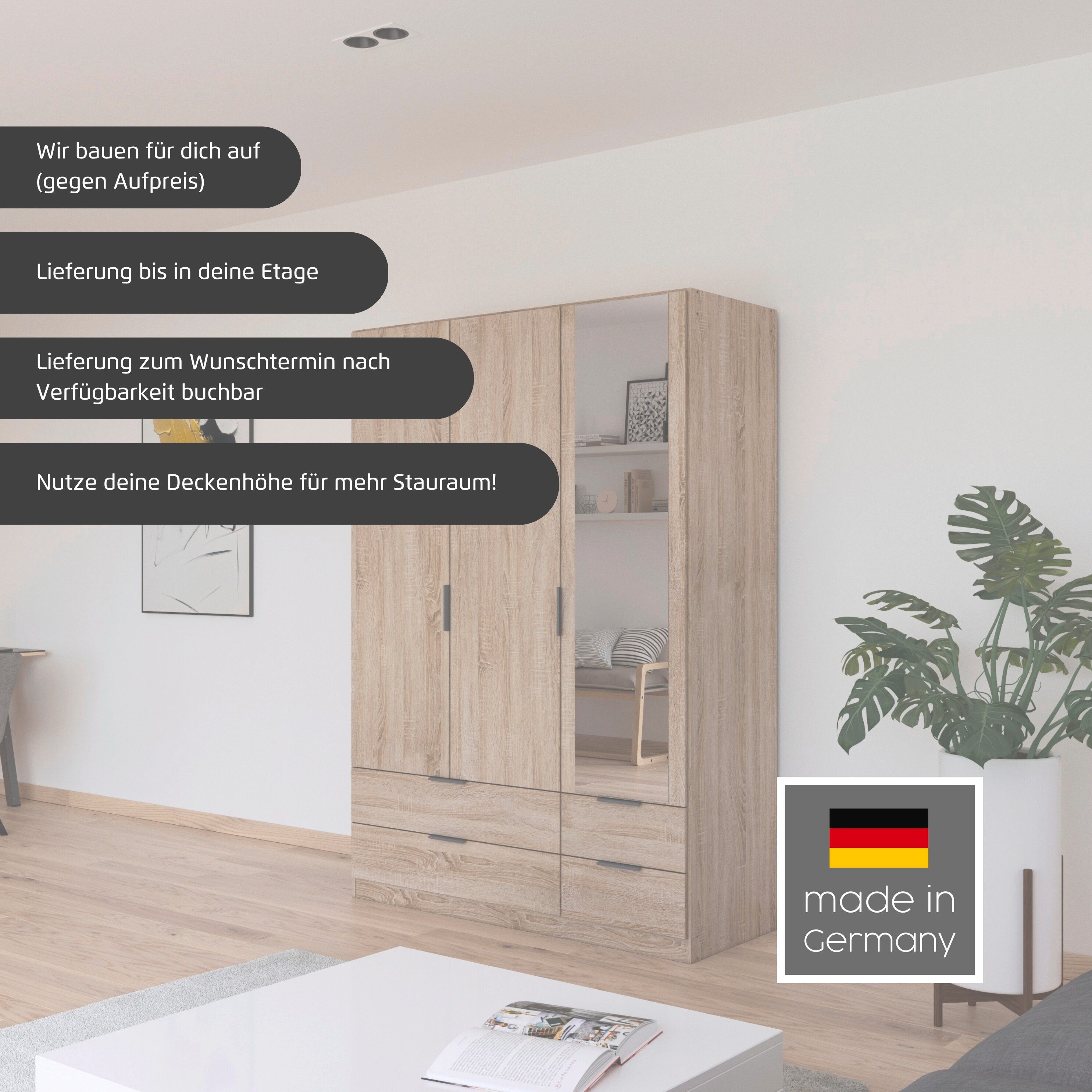 rauch Kleiderschrank Drehtürenschrank Schrank Garderobe Ankleide Schlafzimmer LAGOA (3 verschiedene Ausstattungen BASIC/CLASSIC/PREMIUM (inkl. SOFT-CLOSE) moderne Kantengriffe aus Metall, optional mit Aufsatz MADE IN GERMANY