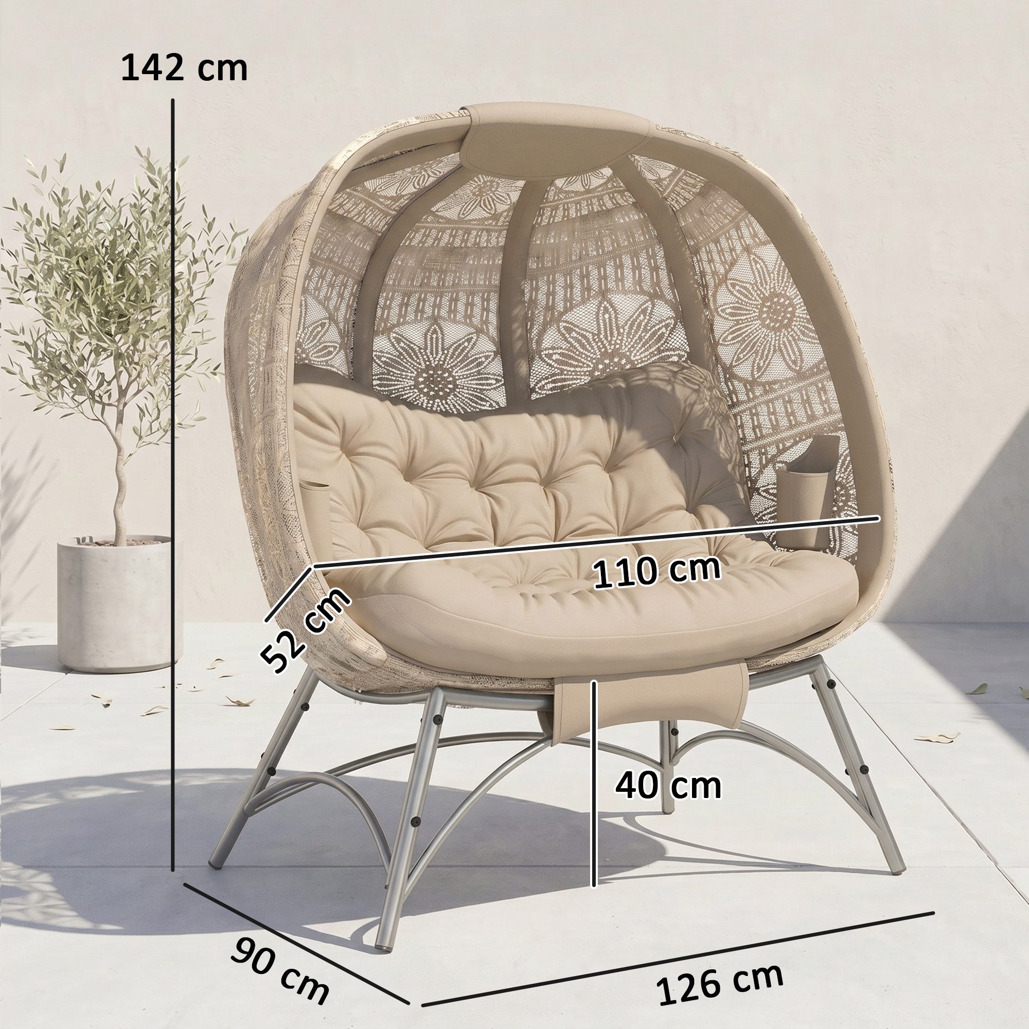 Outsunny Gartenstuhl 2-Sitzer Korb-Stuhl mit faltbarem Korb, Kissen, 240kg belastbar (Papasansessel, 1 St), Für Balkon, Terrasse, Stahl, Sand, 126 x 90 x 142 cm