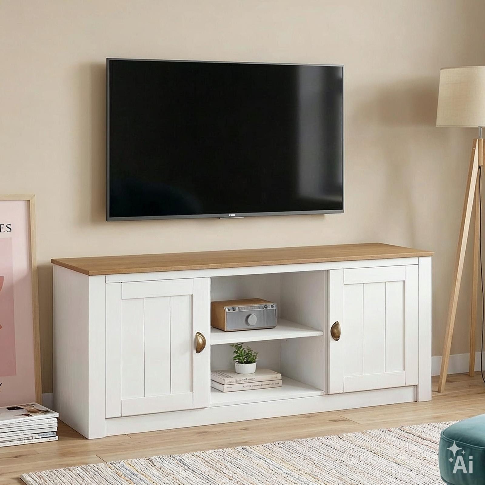 IDIMEX Lowboard BOLTON, TV Schwarz mit 2 Türen aus Massivholz mit Muschelgriff Weiß/Braun