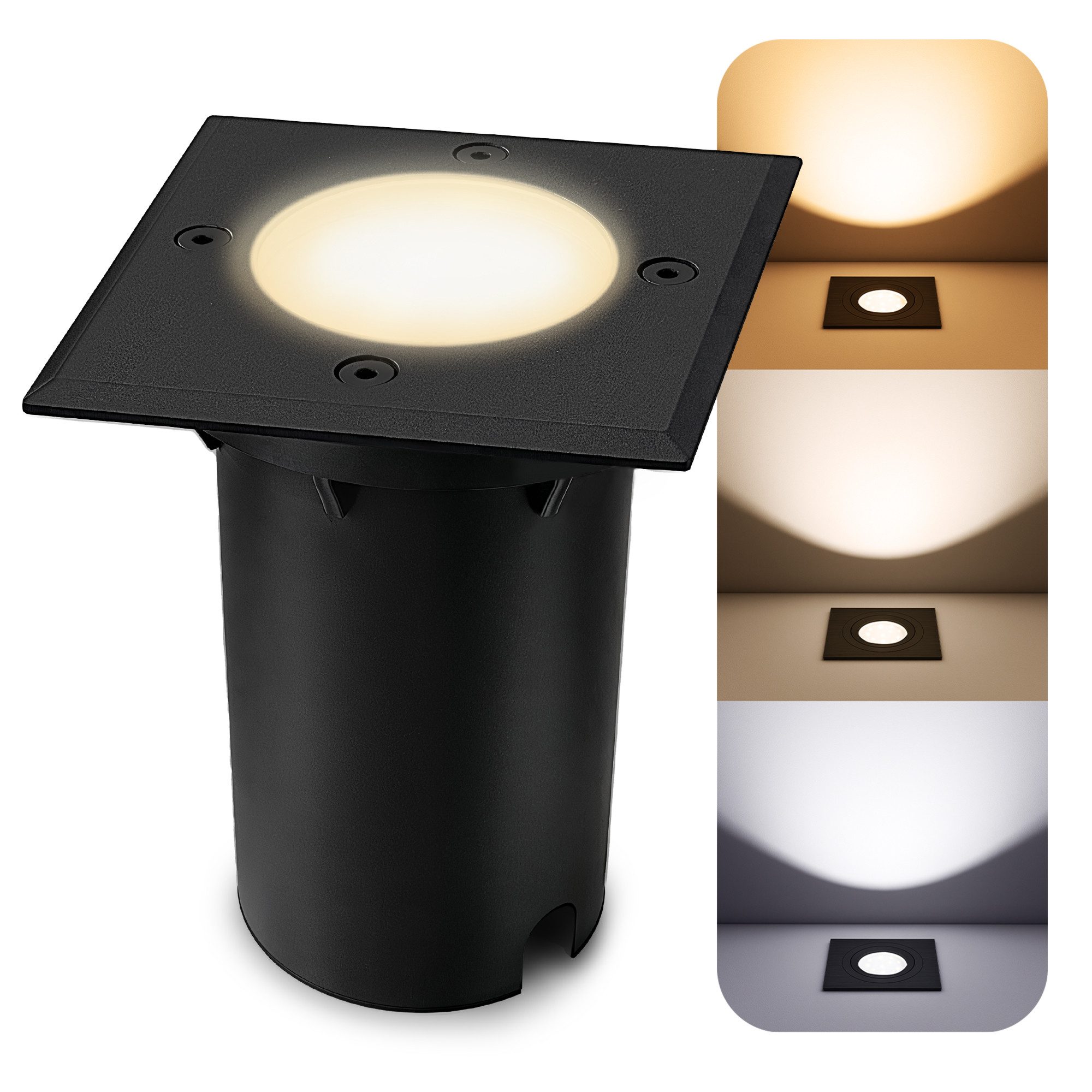 SSC-LUXon KALPA Bodenstrahler schwarz IP67 mit LED GU10 Licht 6W drei Lichtmodi, Neutralweiß, Warmweiß, Tageslichtweiß