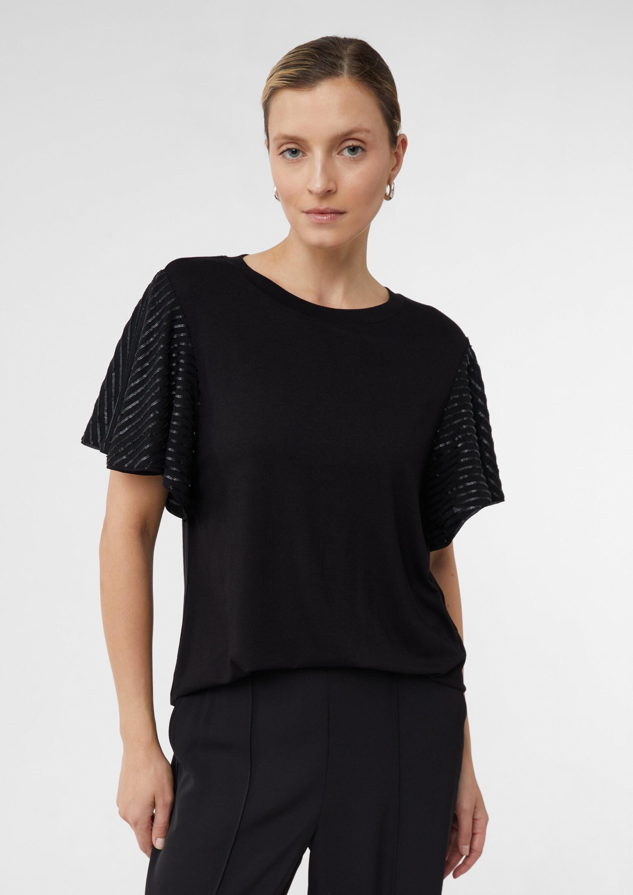 comma Kurzarmshirt T-Shirt T-Shirt mit pailettenbesetzten Volantärmeln