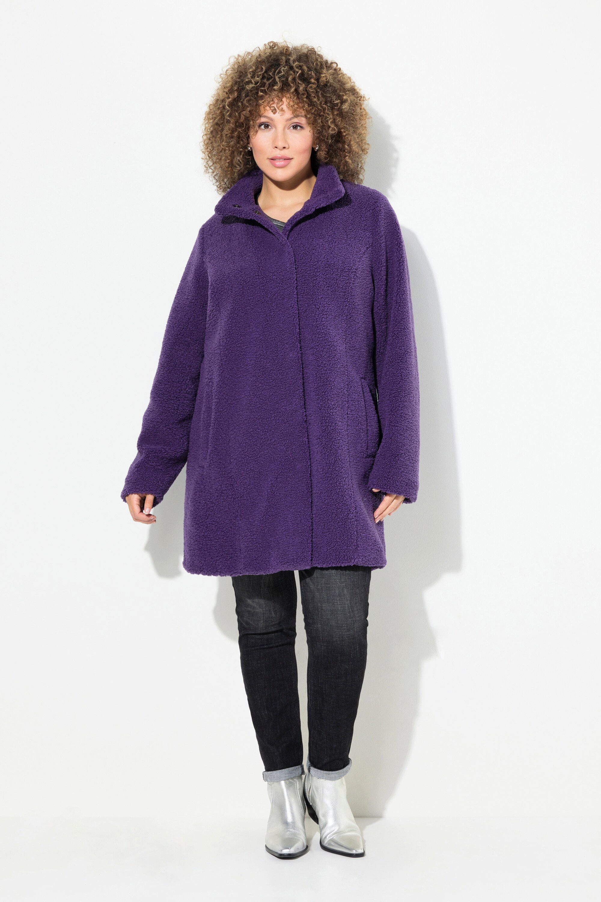 Ulla Popken Wintermantel Teddy-Mantel A-Linie Stehkragen günstig online kaufen