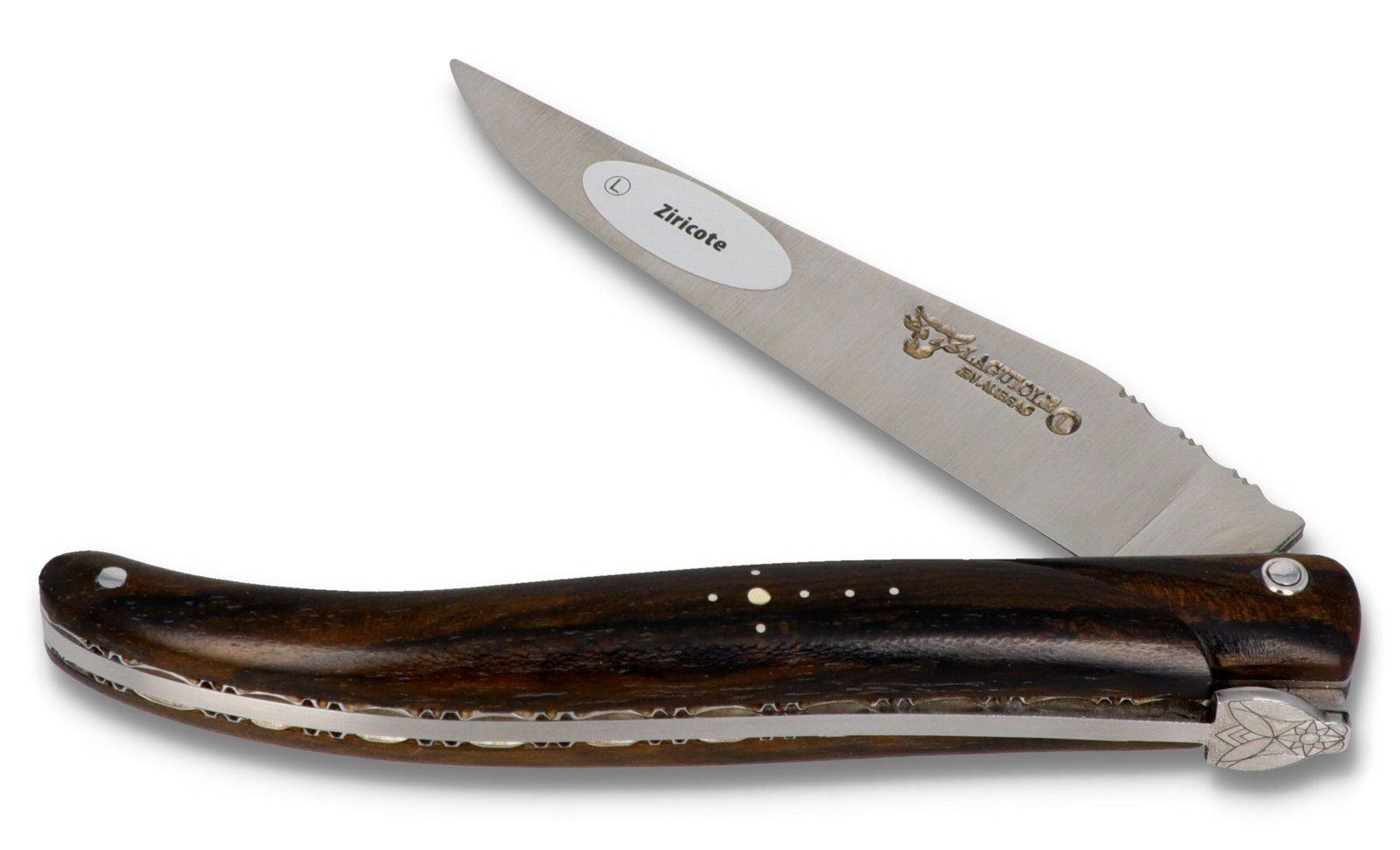 Laguiole en Aubrac Taschenmesser L05/12/U/H/L/RE/ZI/S/LEA/BRO, Griff 12cm Zirikote - Platine verziert - Biene "Königin" - Stahl matt