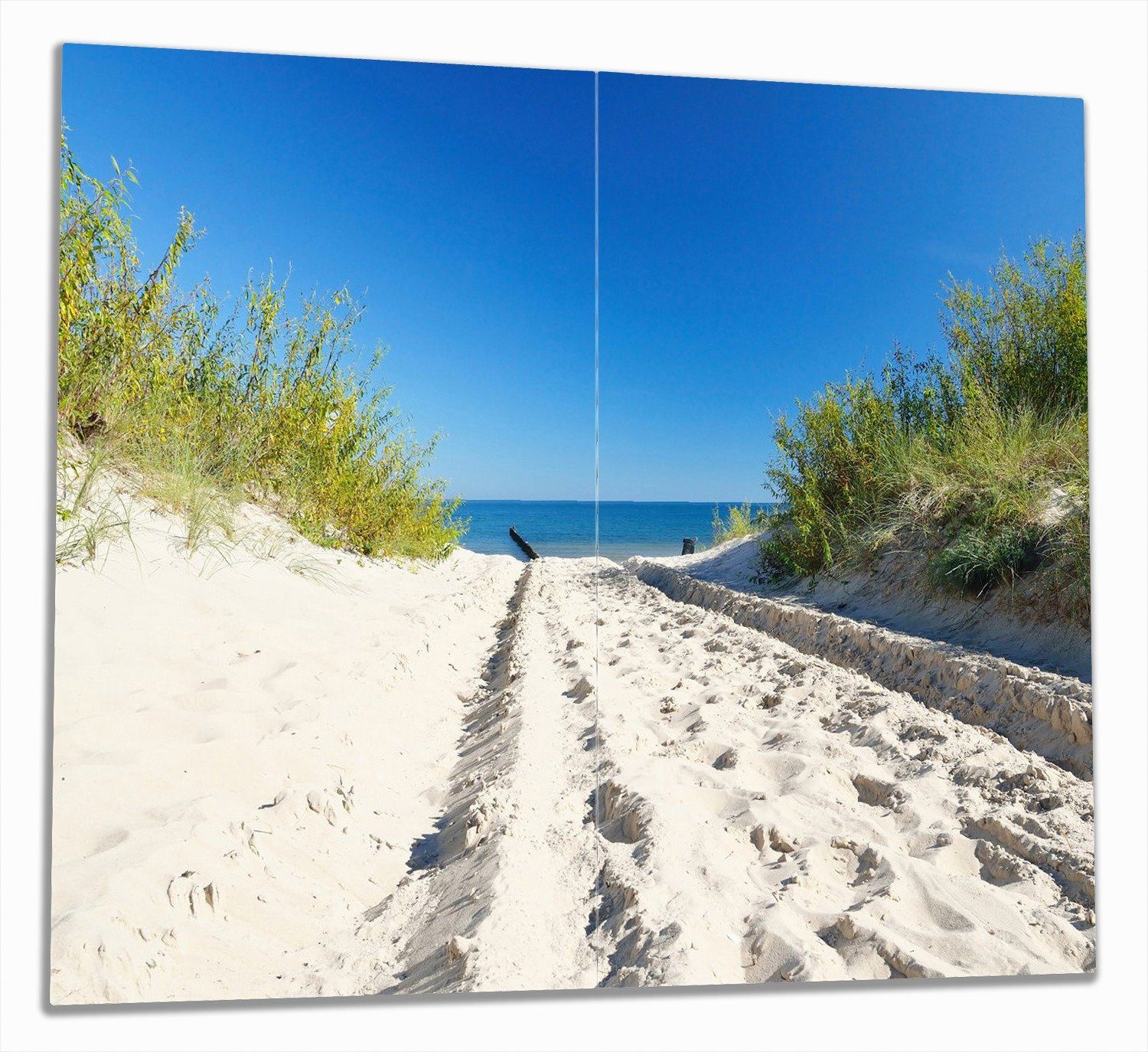 Wallario Herd-Abdeckplatte Auf dem Sandweg zum Strand - Blauer Himmel über dem Meer, ESG-Sicherheitsglas, (Glasplatte, 2 tlg., inkl. 5mm Noppen), verschiedene Größen