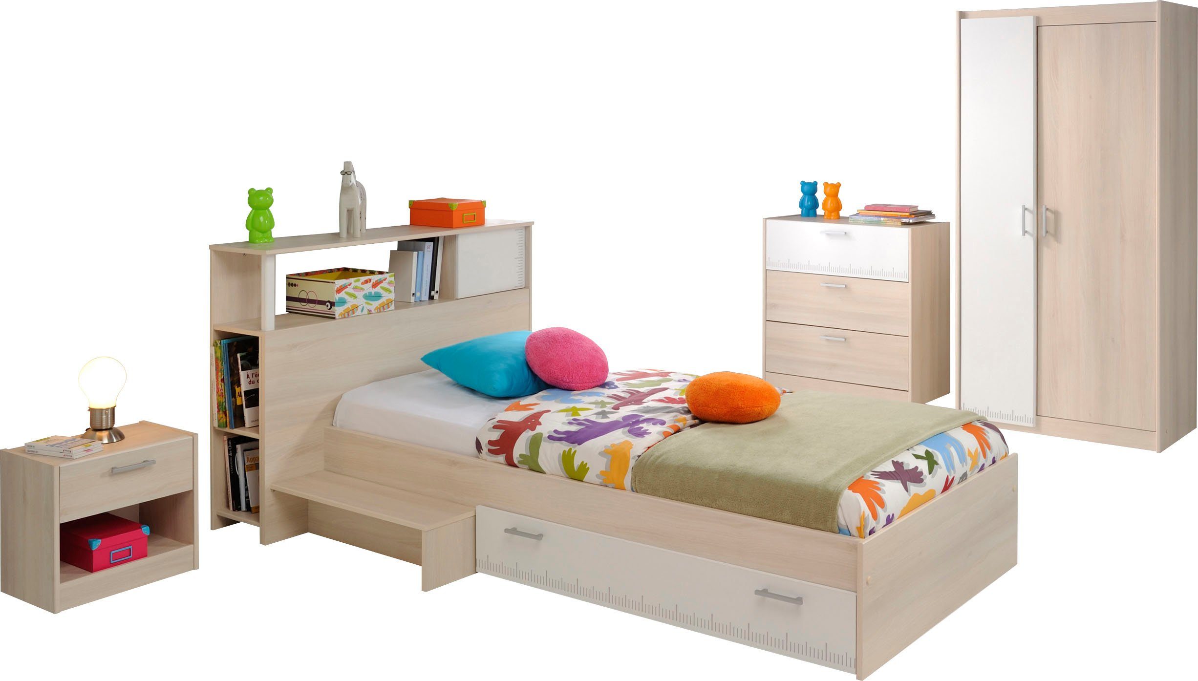 Parisot Jugendzimmer-Set Charly 16, (Set, 5-tlg., mit Anstellregal, Nachttisch, Kleiderschrank und Schubkastenkommode), mit einem Kleiderschrank