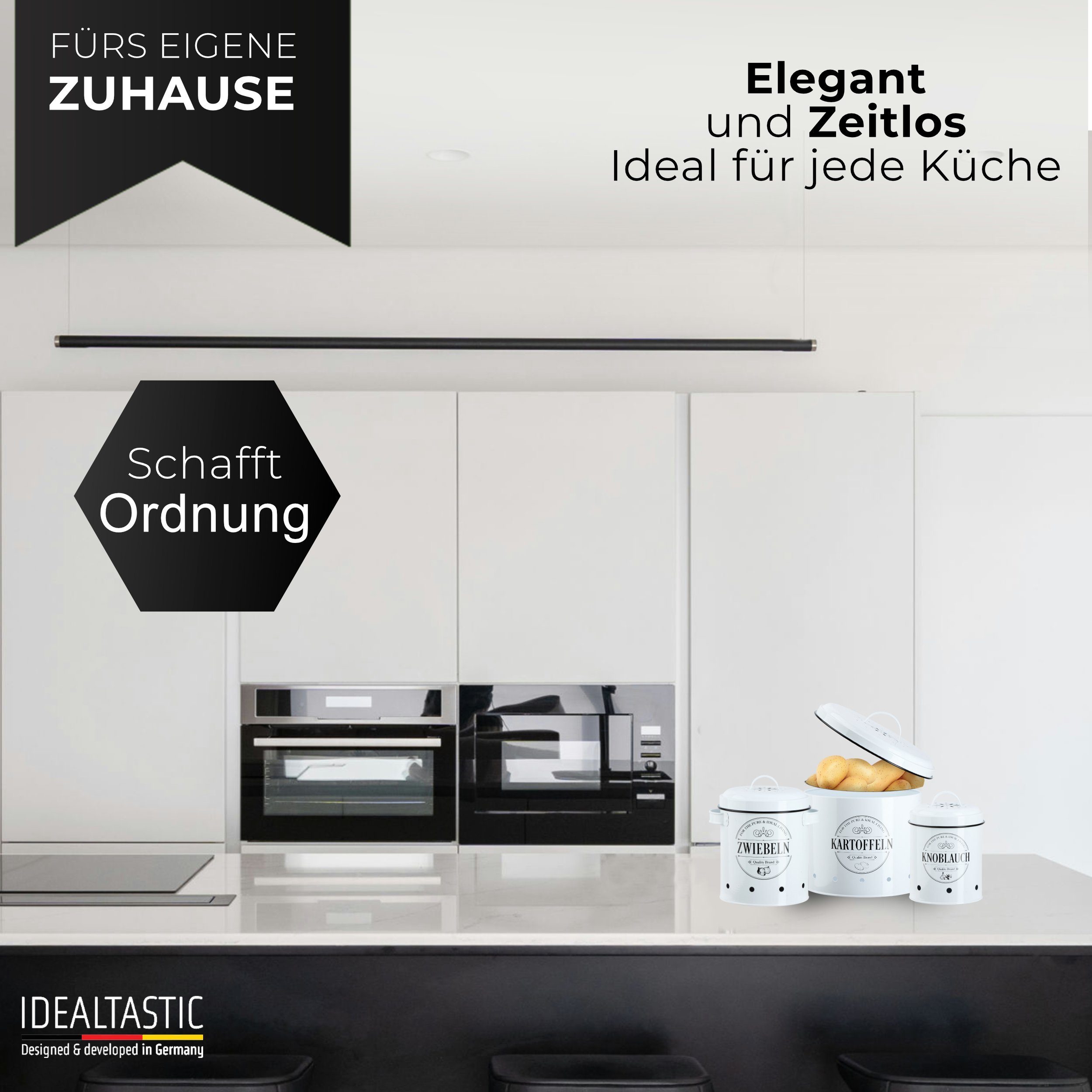 IDEALTASTIC Vorratsdose Premium Kartoffel Aufbewahrung, Zwiebel, Knoblauch Aufbewahrungsbox, Legirter Stahl, langlebig, Extra leicht, (Set, 3-tlg., 3-teiliges S – Bild 3 von 5