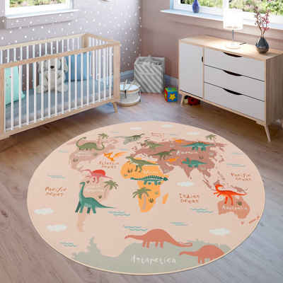 Kinderteppich Bino 583, Paco Home, rund, Höhe: 4 mm, Spielteppich, Motiv Weltkarte & Dinosaurier, Kinderzimmer
