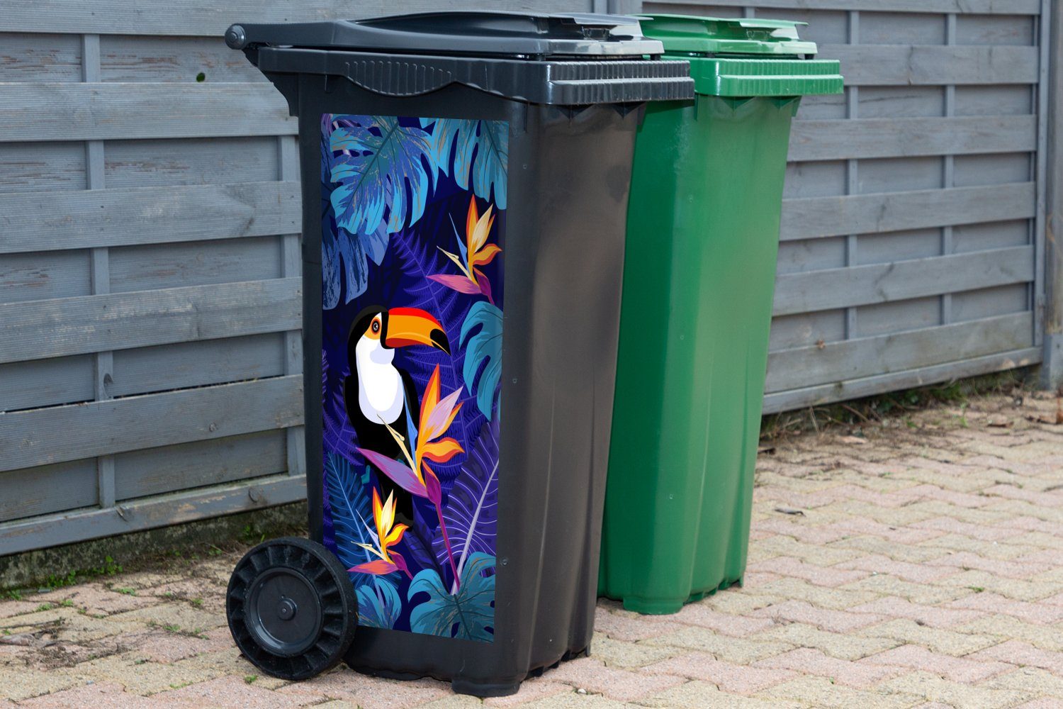 Tiere Kinder - MuchoWow Wandsticker - - Abfalbehälter Mülltonne, Tukan Mülleimer-aufkleber, Blumen Container, Lila (1 St), - Sticker, - Pflanzen Dschungel -