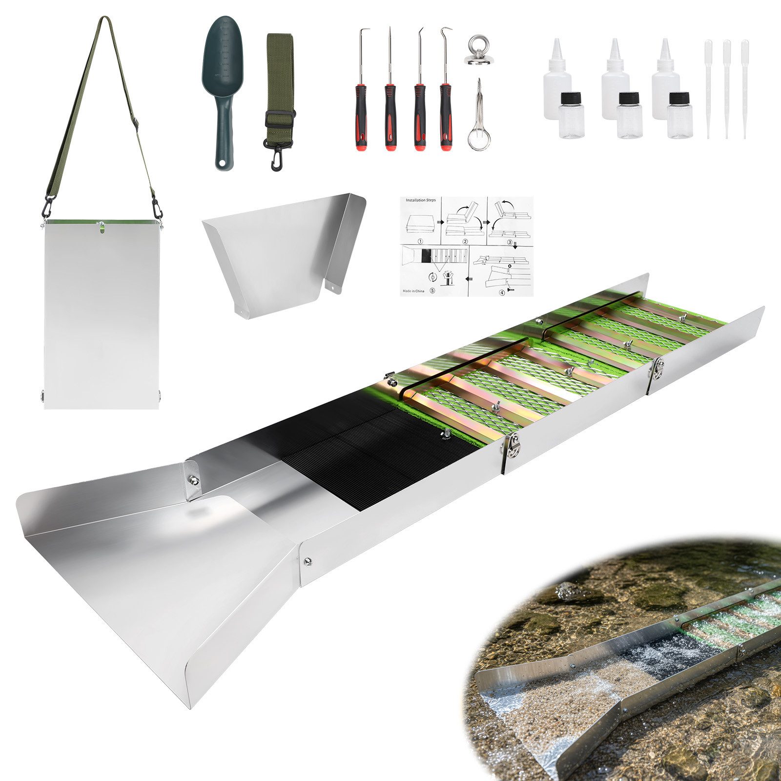 JOYOLEDER Metalldetektor Komplettes Goldwaschset, Tragbar Gold Waschanlage, Aluminiumlegierung, Goldwaschrinne Komplettset,18 Stück mit Faltschleusenkasten