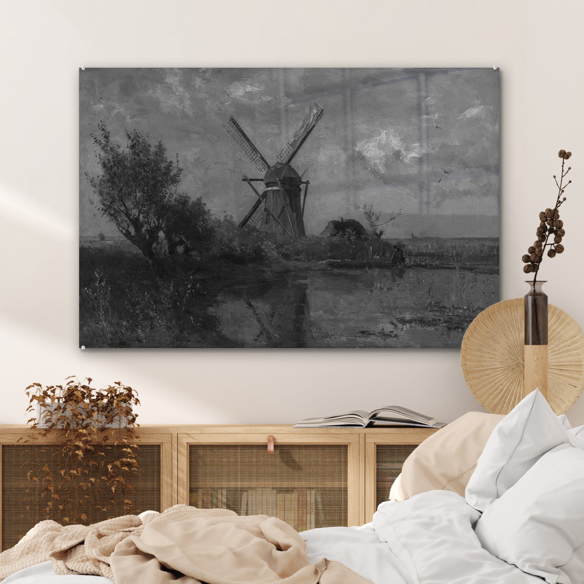 Acrylglasbild einem Teich MuchoWow von - St), in Paul Acrylglasbilder an Gemälde Wohnzimmer Joseph, & Schlafzimmer schwarz-weiß (1 Mühle