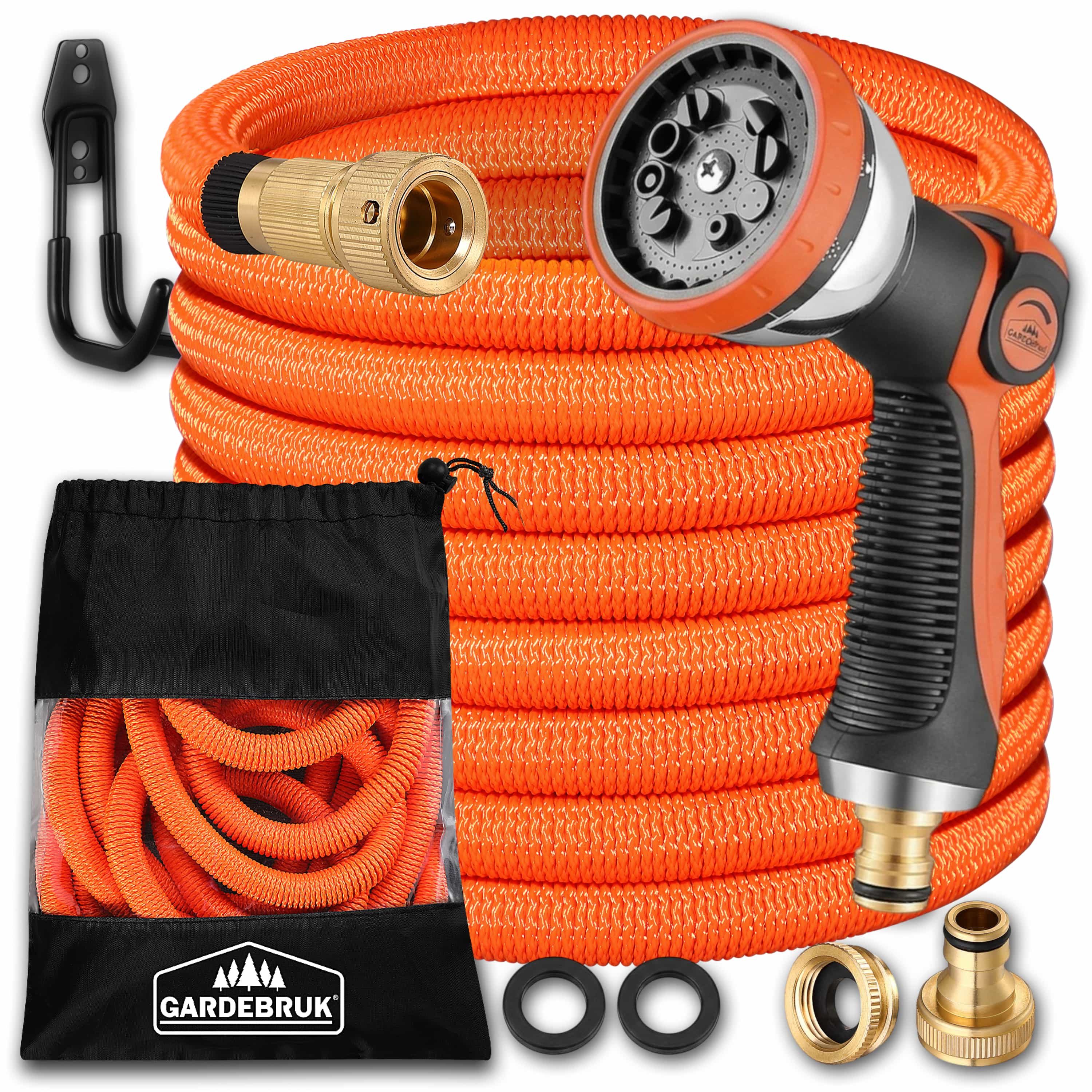 Gardebruk Bewässerungsschlauch, 7,5m 3fach Latexkern Vollmessing Adapter 1/2" 3/4" Zoll Tasche Grün