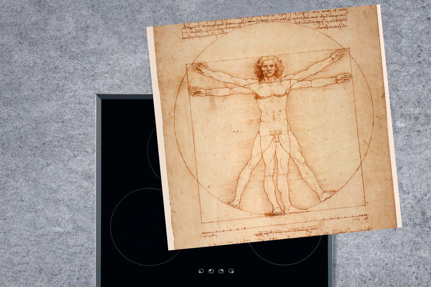 vitruvianische - Leonardo Herdblende-/Abdeckplatte da Vinyl, Vinci, (1 78x78 für Der MuchoWow tlg), Ceranfeldabdeckung, cm, Mensch küche Arbeitsplatte