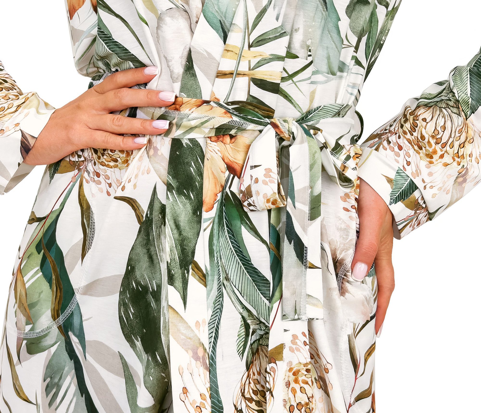 Donna Damenbademantel Olivia, knielang, Viskose, Gürtel, Damen Morgenmantel Bademantel Kimono Langarm Blumen ca.95cm