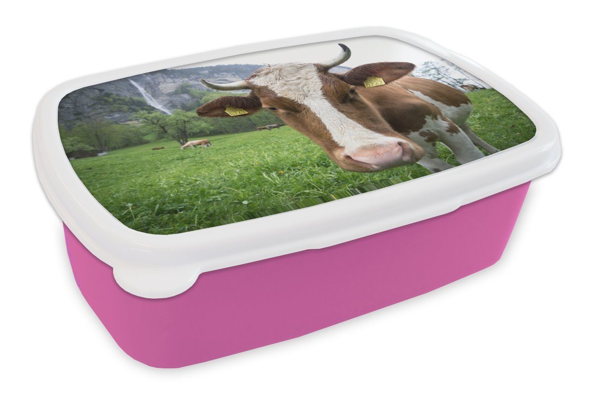 MuchoWow Lunchbox Kuh - Natur - Österreich, Kunststoff, (2-tlg), Brotbox für Erwachsene, Brotdose Kinder, Snackbox, Mädchen, Kunststoff rosa