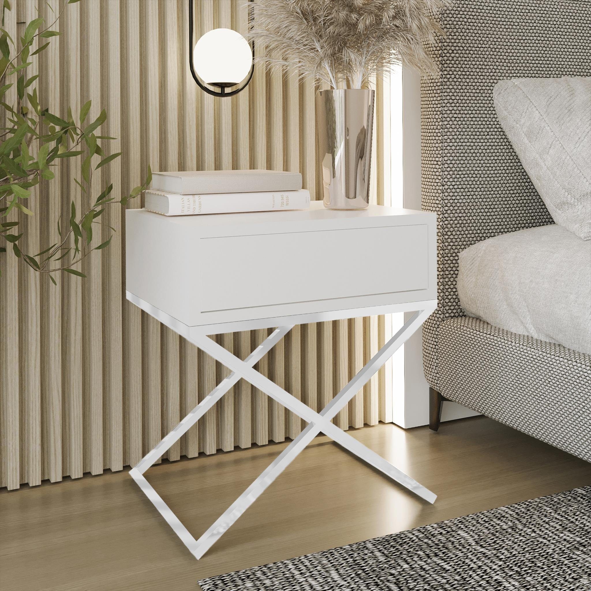 Beautysofa Nachttisch Max (inkl. Schublade, x-förmigen Metallgestell, 45 x 50 x 35 cm (B x H x T), kleine Tisch im modernes Deisgn für Schlafzimmer Weiß | Weiß