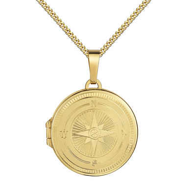 JEVELION Amulett Gold Medaillon Kompass-Gravur Amulett Anhänger zum Öffnen für 2 Bilder (Goldmedaillon, für Damen und Mädchen), Mit Kette vergoldet - Länge wählbar 36 - 70 cm oder ohne Kette.