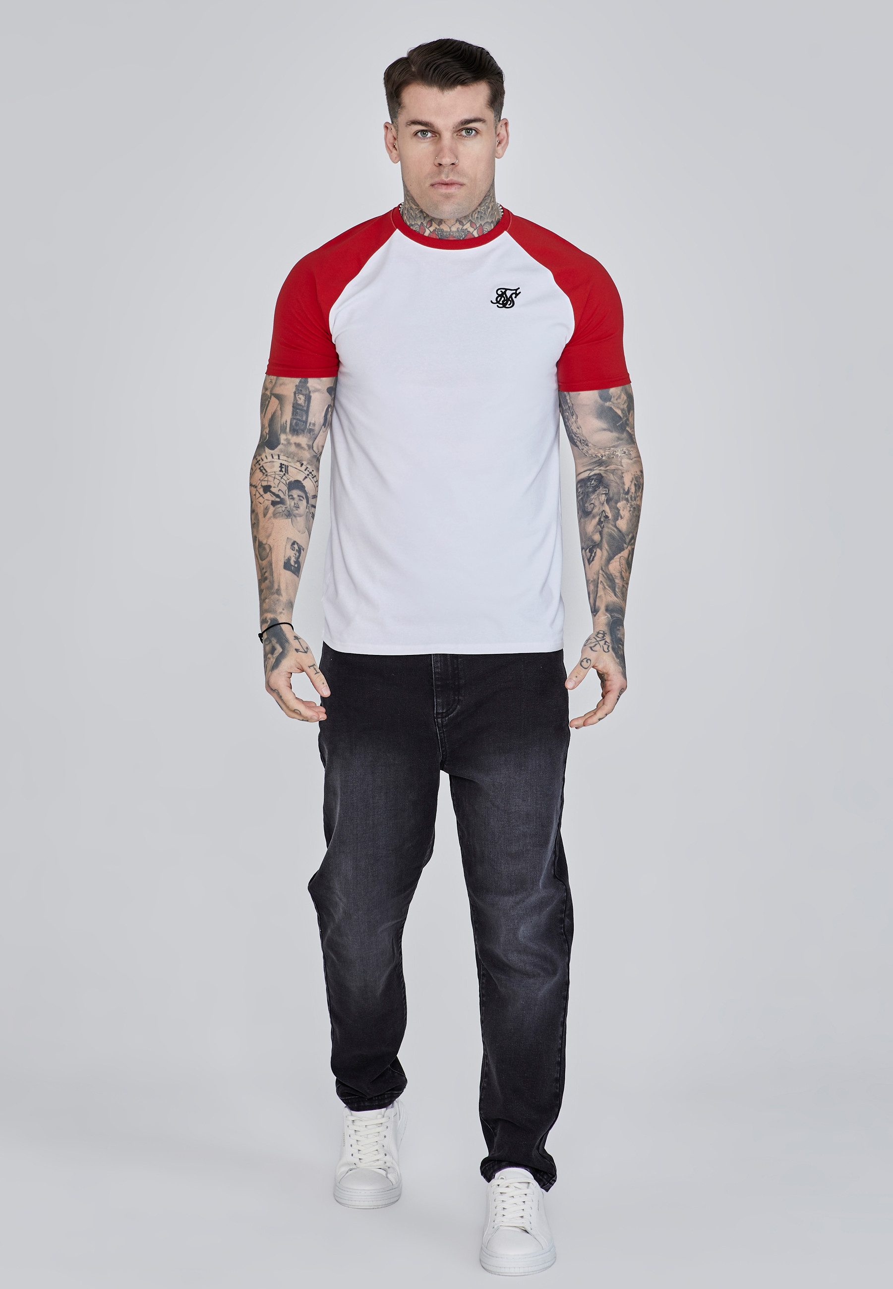 Siksilk T-Shirt SikSilk Herren Weiß-Rot Raglan T-Shirt günstig online kaufen
