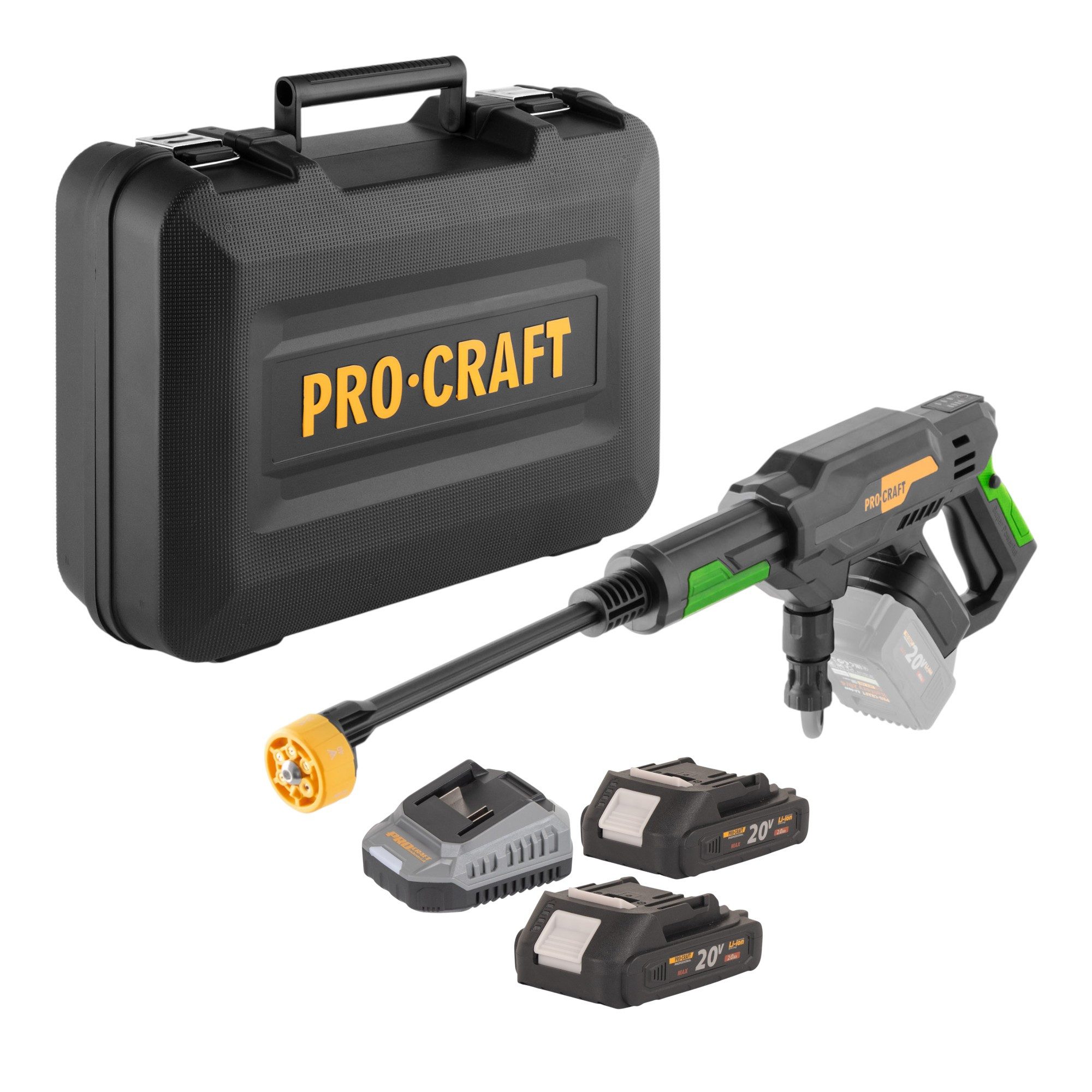 PRO CRAFT Hochdruckreiniger CW20bb 20 V 30 bar 180 l/h + 2x Akku 2,0 Ah + Ladegerät + Koffer