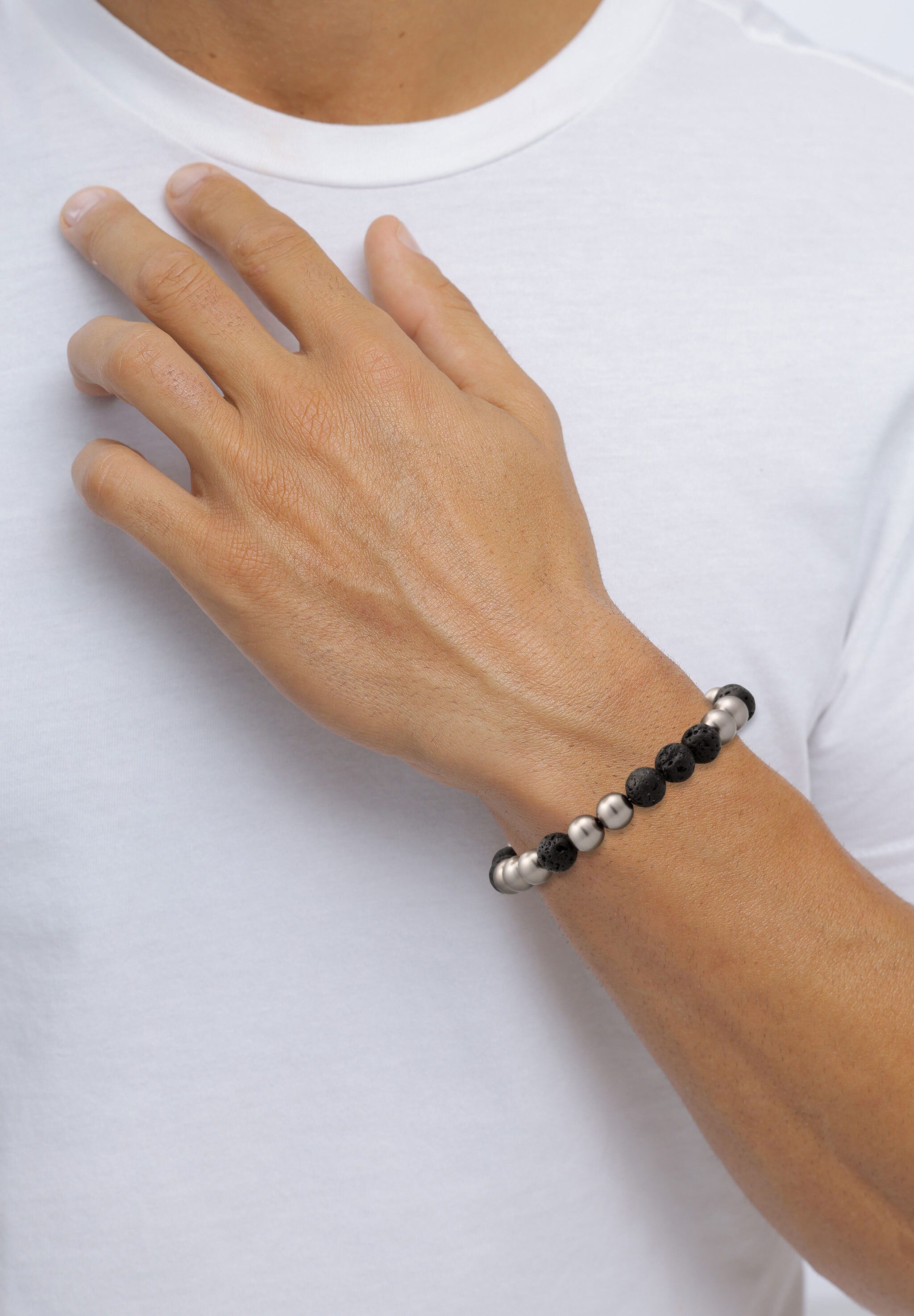 Kuzzoi Bead-Armband-Set Lava Synthetische Perle Grau Schwarz 925 Sterling Silber