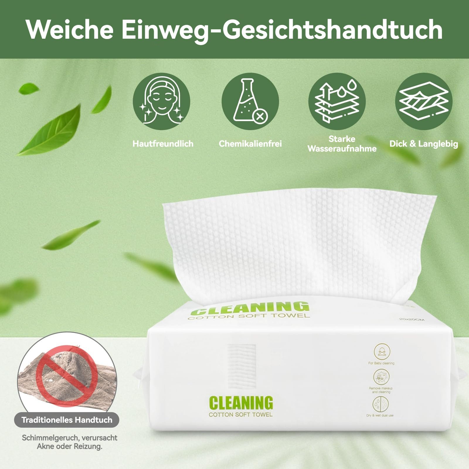 Tekoo Waschlappen Einmal-Gesichtstücher 80g/m², extra dick & reißfest, 60 Stück, Vlies (Set, 1-St), 80 g/m² extra dick, Reißfest, 100% Pflanzenfaser