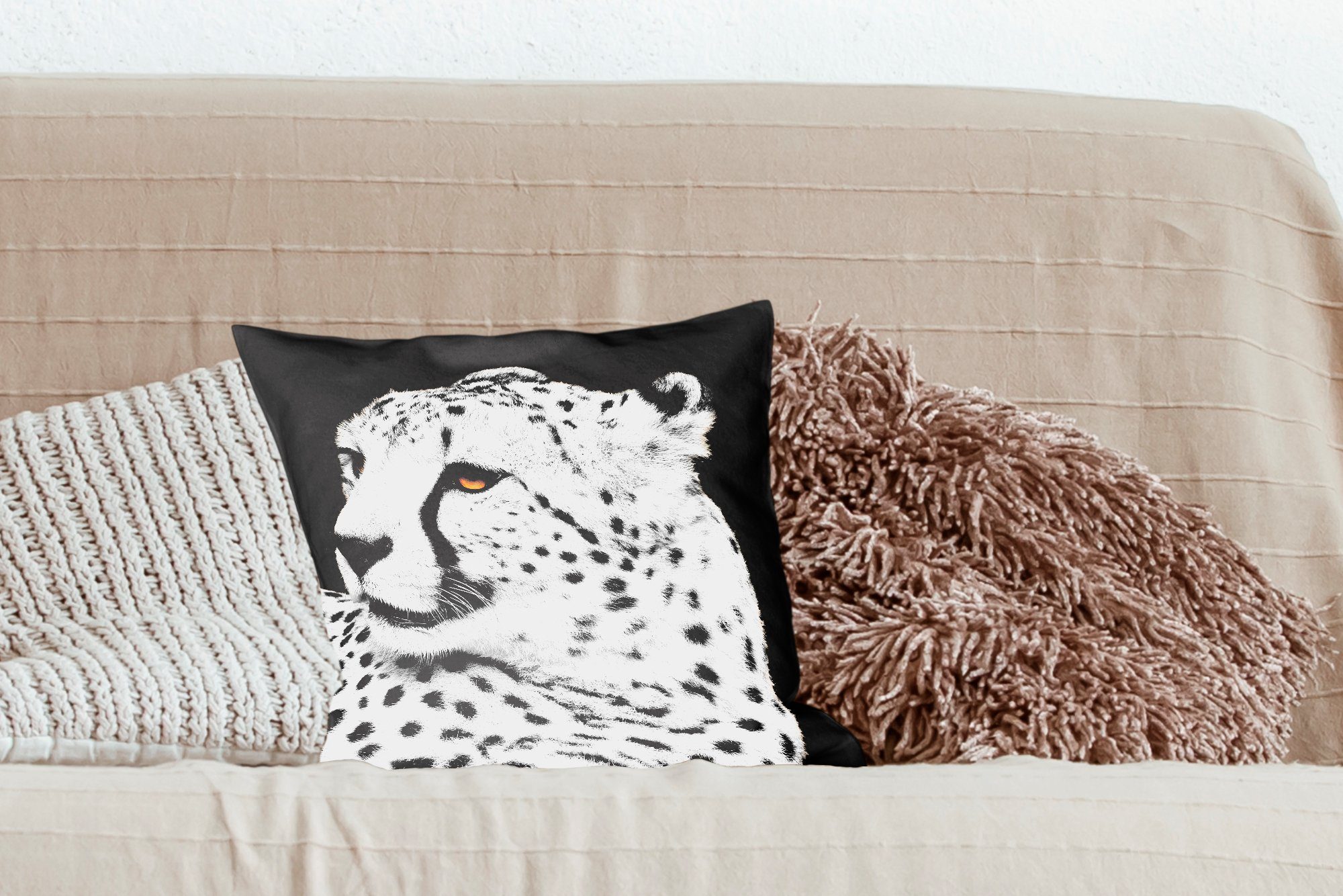 MuchoWow Dekokissen Deko, Füllung Schlafzimmer, Sofakissen Schwarz, für - Zierkissen Leopard Weiß mit Wohzimmer, 