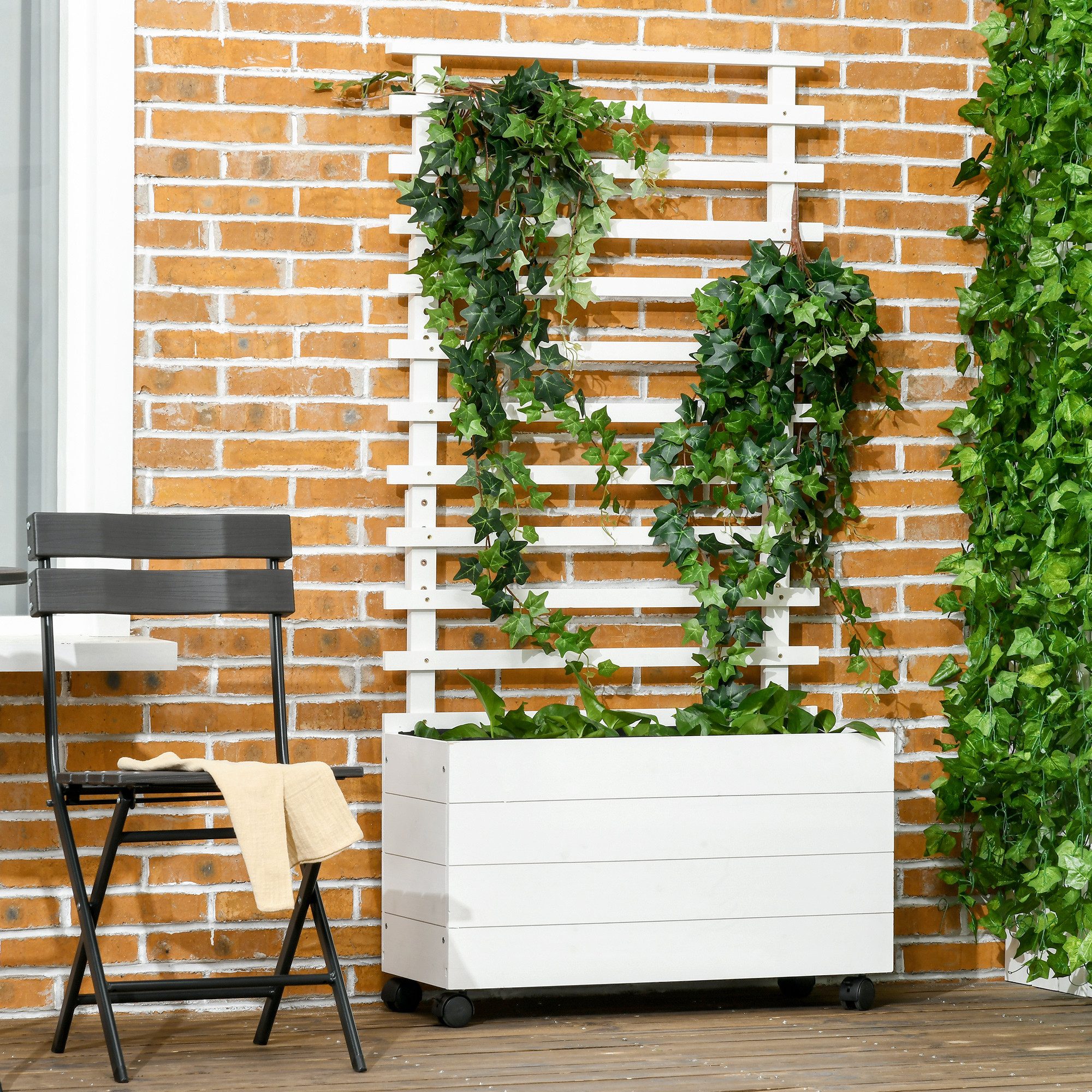 Outsunny Hochbeet Blumenkasten mit Rollen, Hochbeet, Weiß (Pflanzkasten mit Rankgitter, 1 St., Blumenkasten aus Holz), für Garten Balkon Terrasse, für Kletterpflanzen Korbpflanzen, Blumen