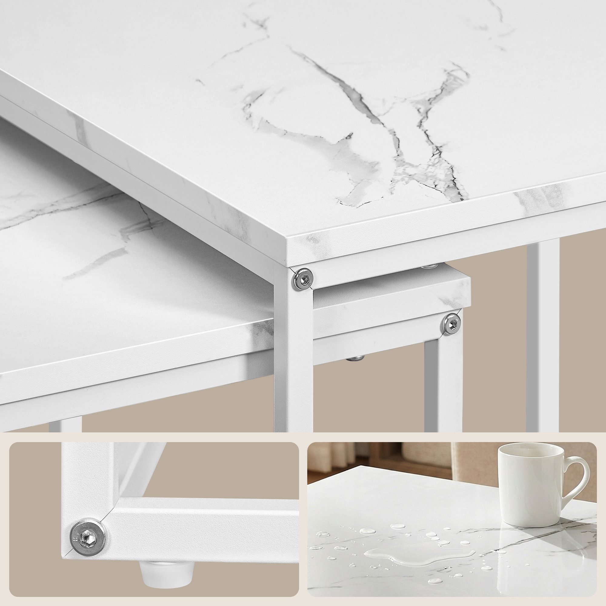 Home Collective Couchtisch 2er Set Beistelltisch Loft Design 2in1 Verschachtelung Wohnzimmer, kratzfeste Oberfläche 50cm & 45cm Weiß Marmor Optik mit Weißen Bei – Bild 5 von 5