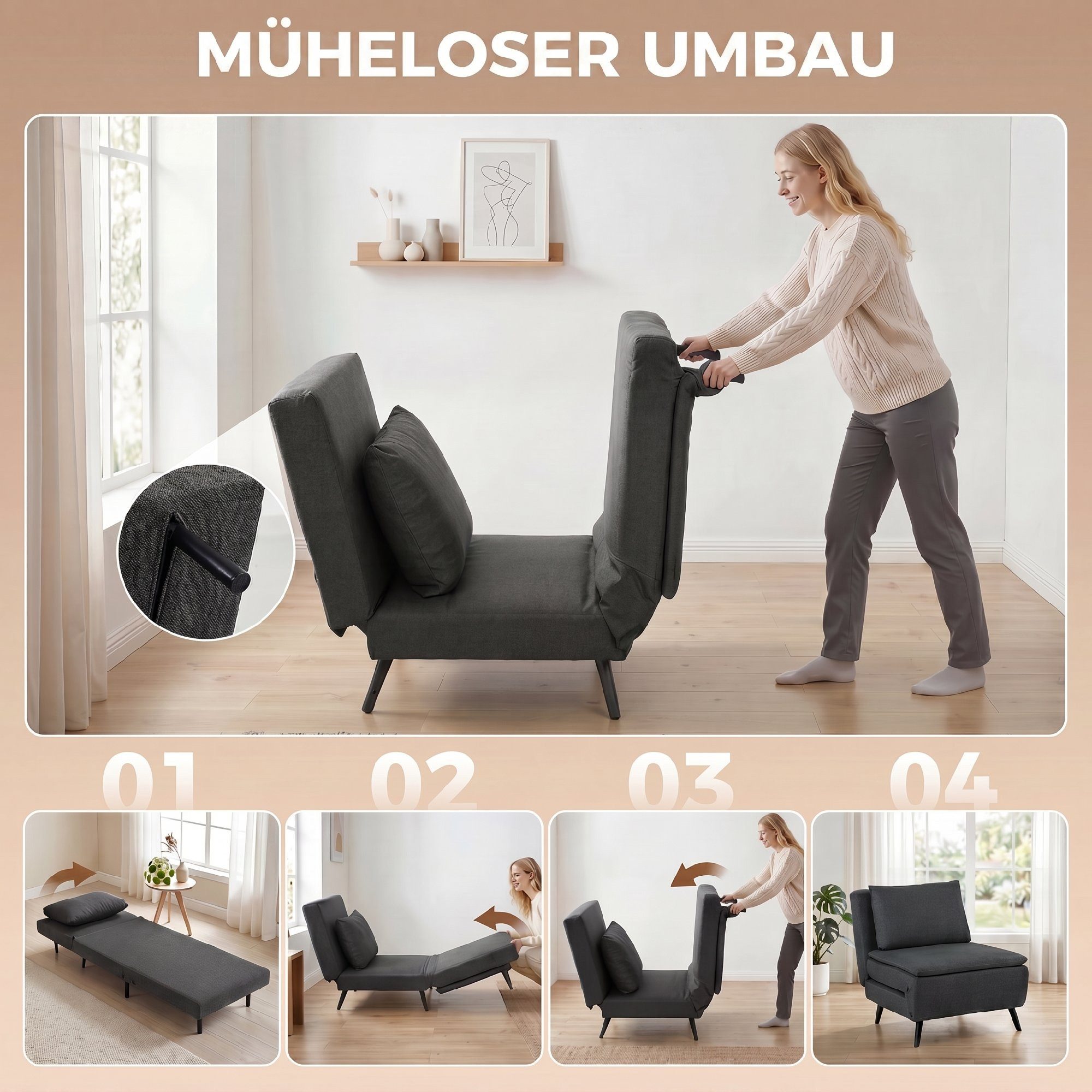 HOMCOM Schlafsofa Schlafsessel Sessel 3-in-1 Bettfunktion, Leinenoptik Dunkelgrau, Set 1 Teile, 3-in-1, 3-fach verstellbar – Bild 4 von 5