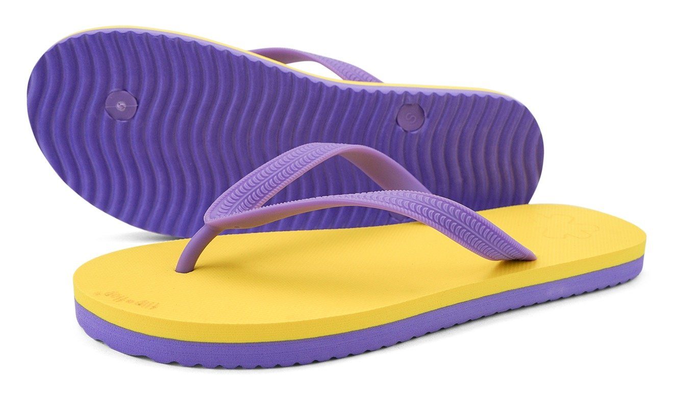 Kontrast-Look sommerlichen Flip originals*color lila-gelb Zehentrenner im block Flop