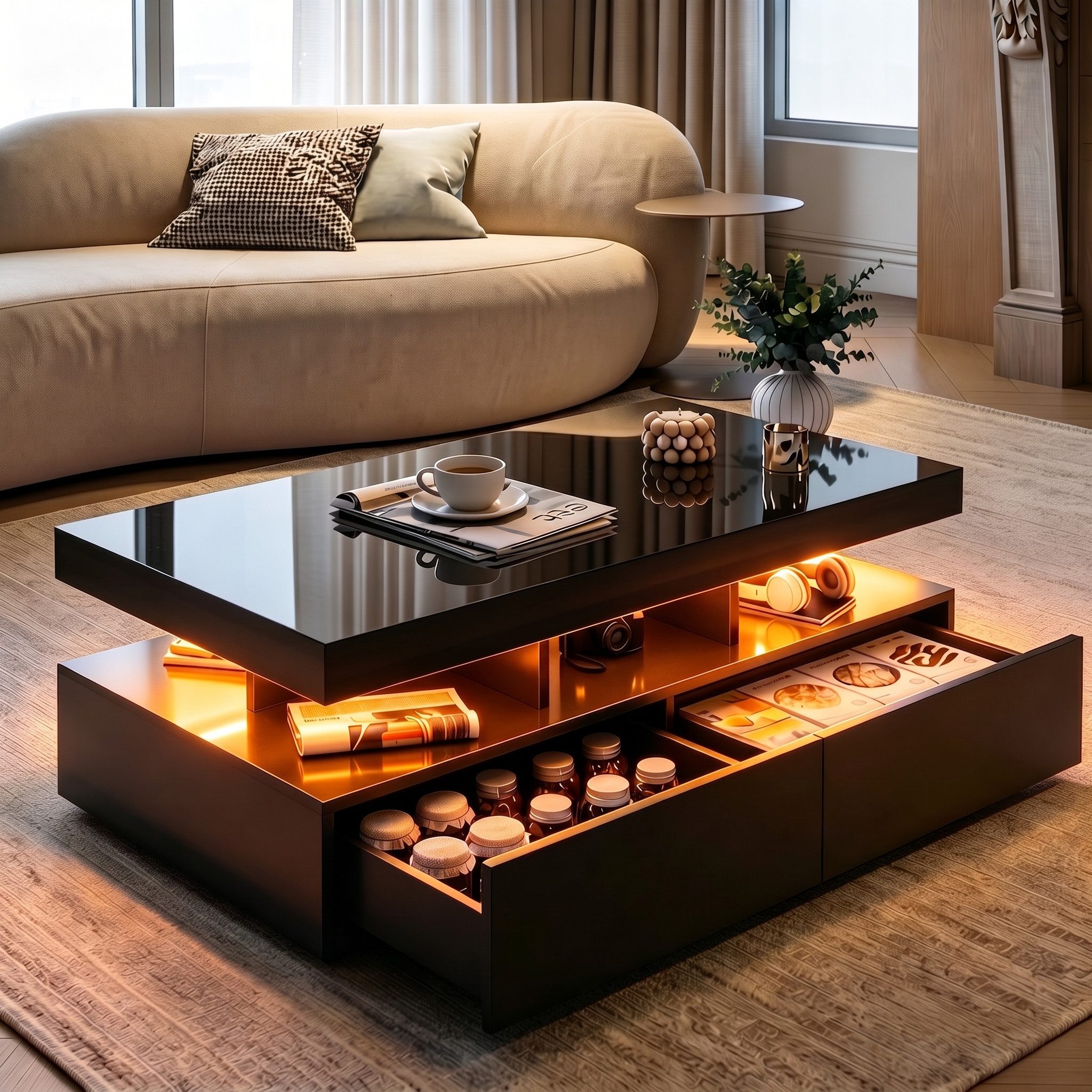 Furnishings Home Couchtisch Wohnzimmertisch Ablagetisch LED Beistelltisch (Hochglänzender quadratischer, mit LED Beleuchtung & Fernsteuerung), Mit 2 Schubladen und 16-farbigen variablen