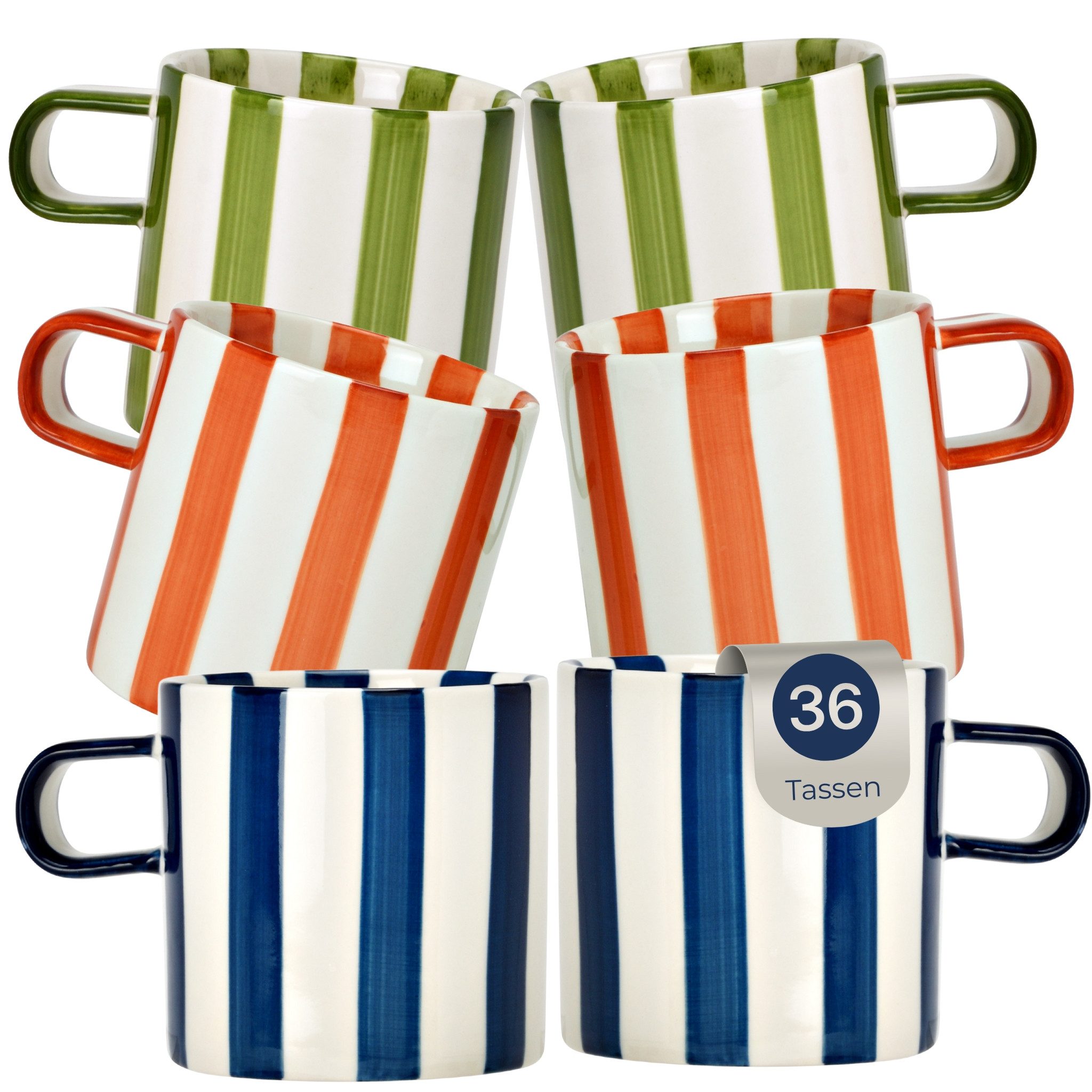 matches21 HOME & HOBBY Tasse Porzellan Tassen 36er Set, Dopamin Teetassen mit Streifen 240ml, 36-tlg., Porzellan, Kaffeebecher für Tee & Cappuccino