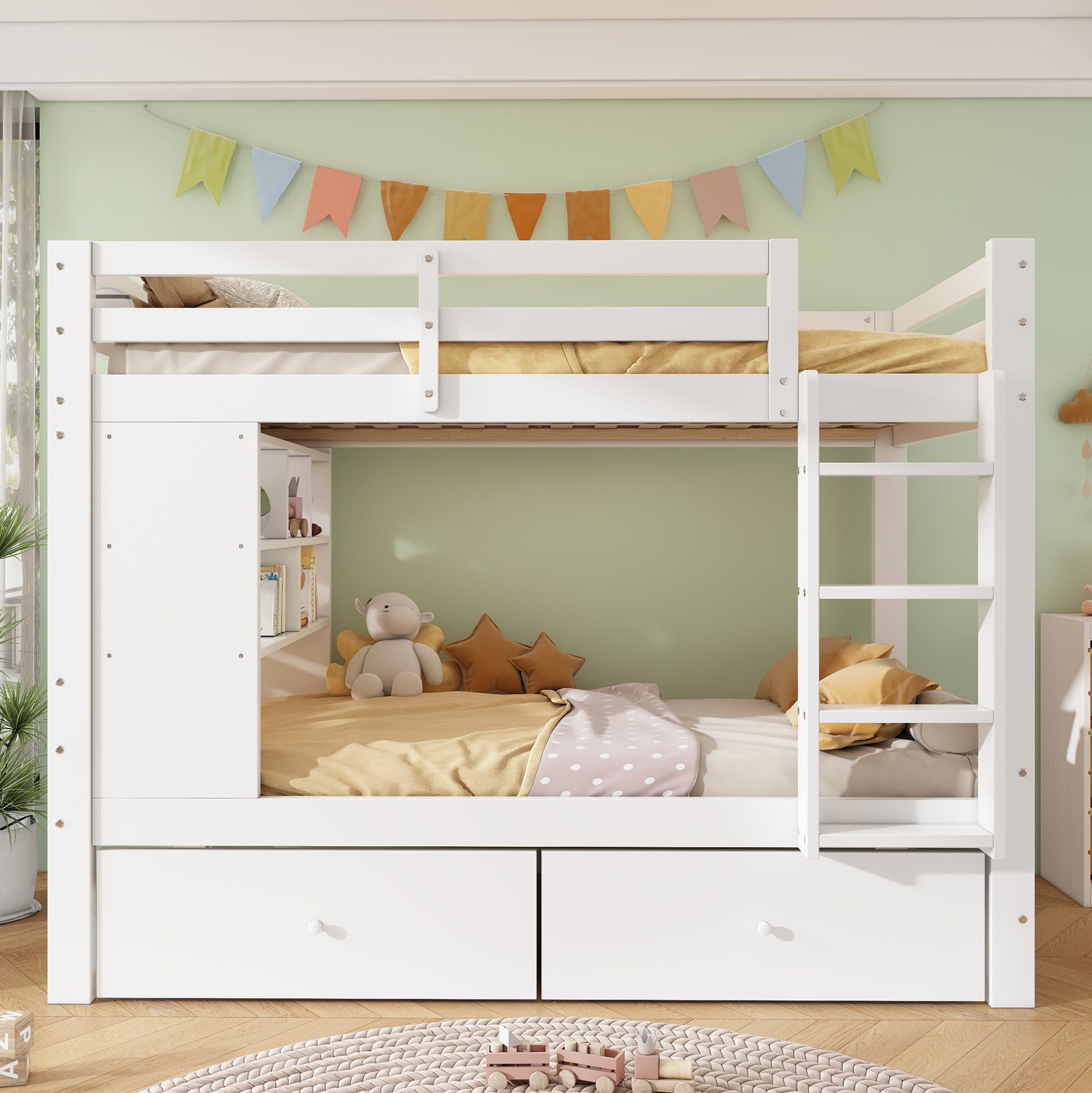 MODFU Etagenbett mit Leiter und Aufbewahrung – Kinderbett 90x200 cm (Gästebett Doppelbett mit Schubladen und Ablagefläche, Holzbett Jugendbett), ohne Matratze