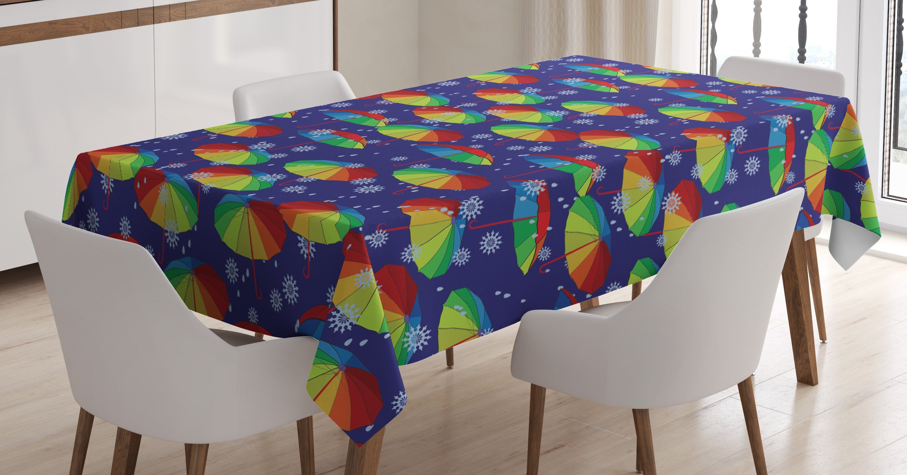 Abakuhaus Tischdecke Farbfest Waschbar Für den Außen Bereich geeignet Klare Farben, Winter Regenbogen-Regenschirme Schneeflocken