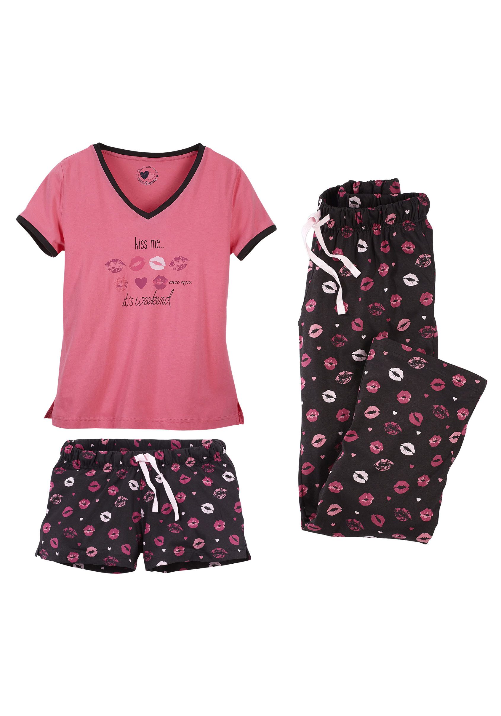 Vivance Dreams Pyjama (Set, 3 teilig) mit Kussmund-Print günstig online kaufen