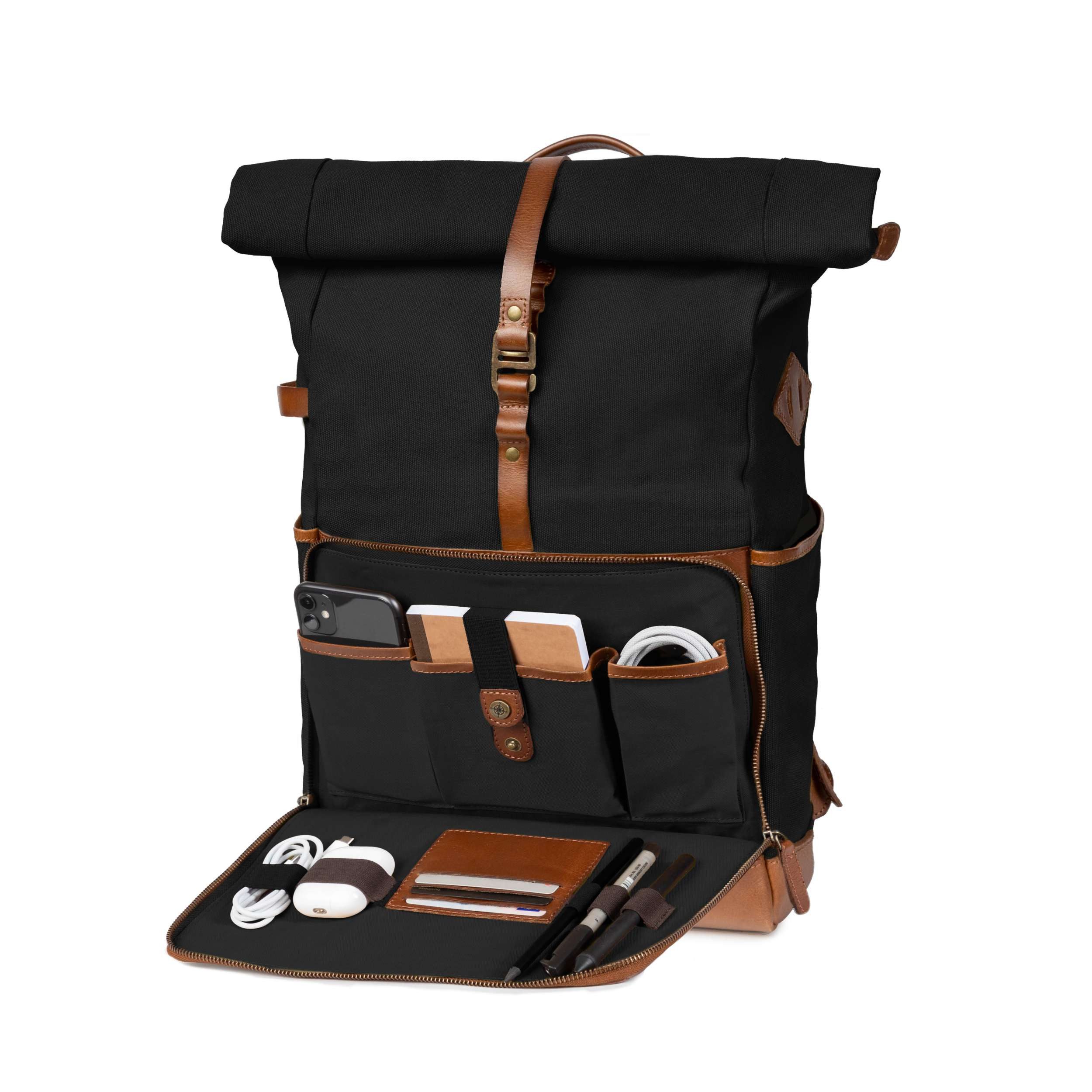 DRAKENSBERG Reiserucksack Roll-Top »Arthur« Schwarz, 17" Laptoprucksack mit Organizer Fach für Ladekabel & Zubehör