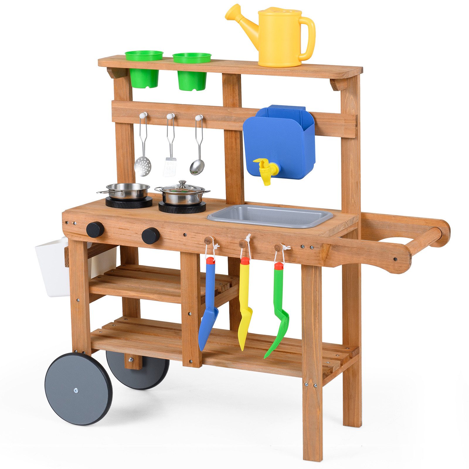 KOMFOTTEU Outdoor-Spielküche Matschküche Kinderküche, mit Spülbecken, 15 Zubehörteilen & Rädern