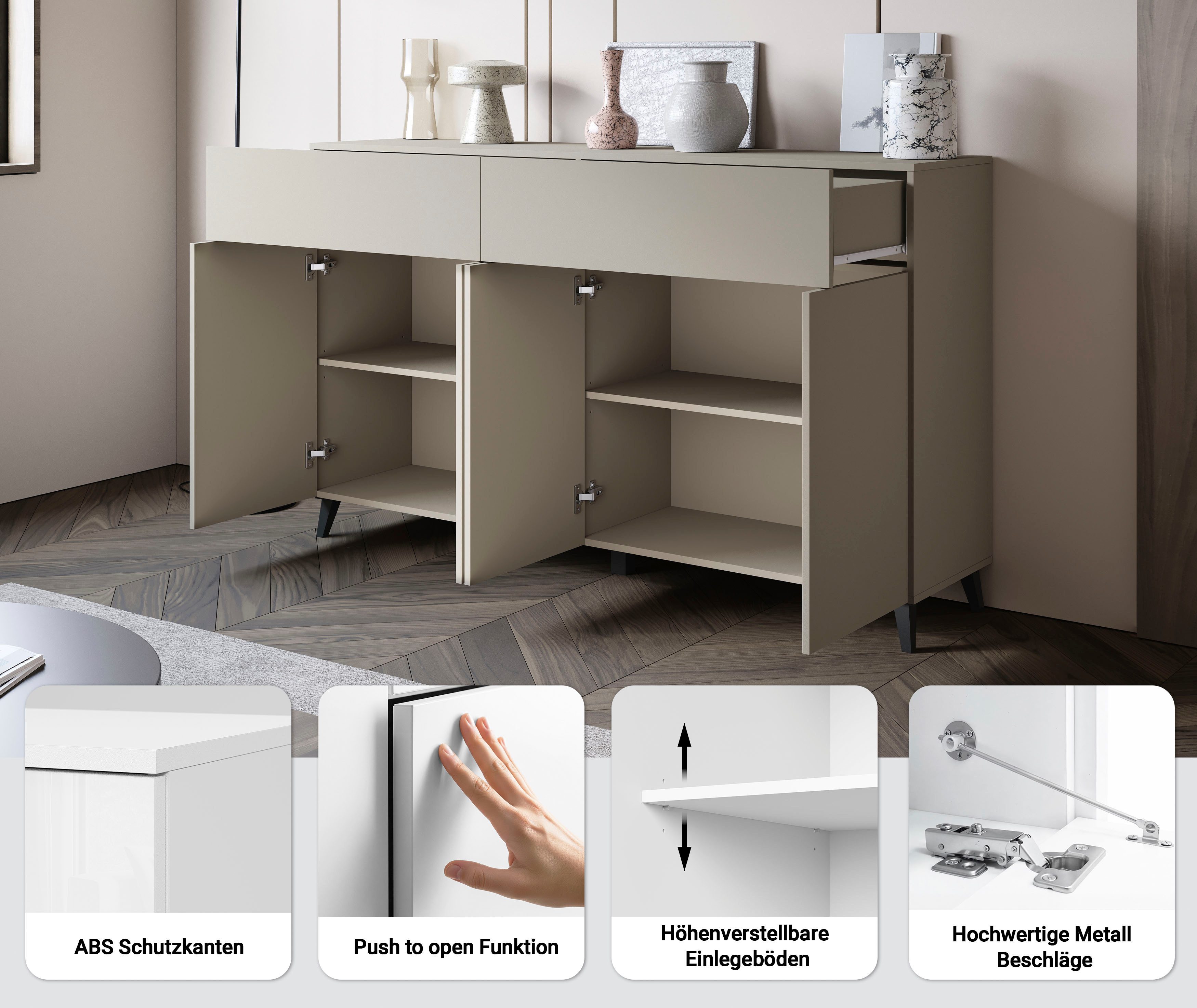 Home affaire Sideboard Phuket mit 4 Türen und 2 Schubladen, 160 cm breit (1 St), Grifflose Kommode mit Push-to-Open und viel Stauraum – Bild 3 von 5