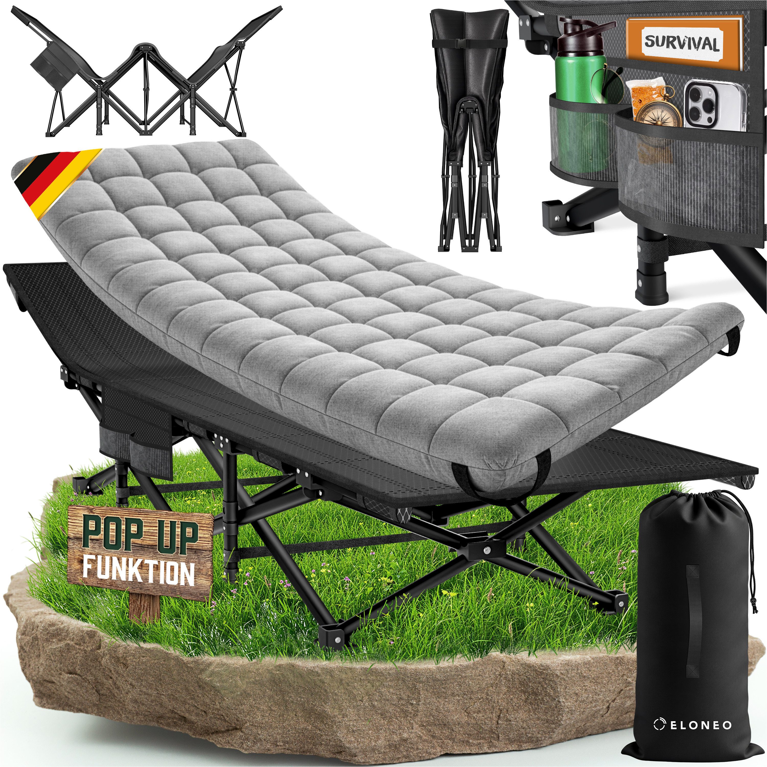 ELONEO Feldbett mit premium Auflage – klappbares Camping- und Gästebett pop-up Funktion, 200kg Traglast