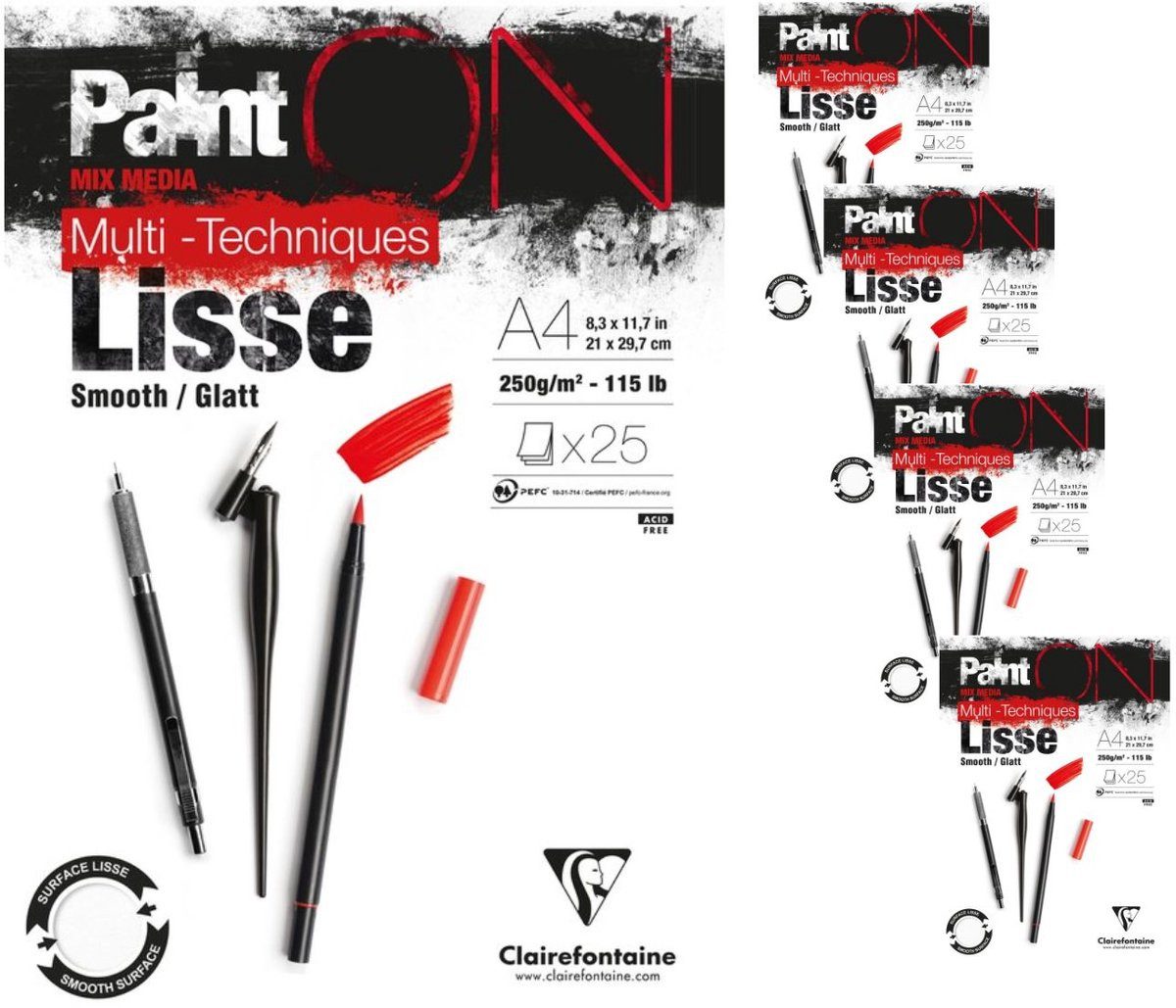 CLAIREFONTAINE Formularblock Paint ON Multitechnik-Block Glatt A4 250 g 25 Blatt 4er Pack