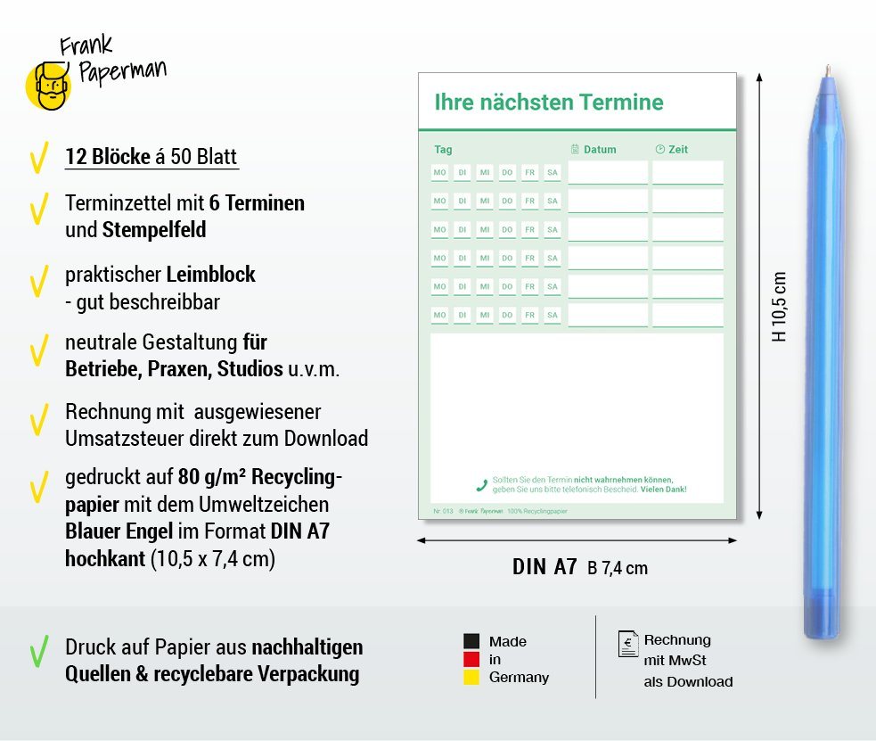 Thumbnail - Frank Paperman Terminplaner, 600 Terminzettel, 12 x Terminblock à 50 Blatt, 6 Termine, für Ärzte, Heilpraktiker, Physio,...