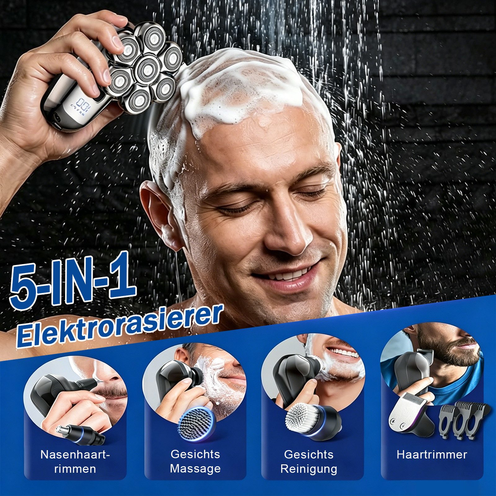 AKKEE Elektrorasierer Glatzen Rasierer Herren, Upgrade-7D Kopfrasierer Glatze, Aufsätze: 7, Haarschneider (3/5/7 mm), Nass-& Trockenrasur, IPX6 Wasserdicht, LED-Anzeige Bart Nasenhaar Trimmer Pflege Kit